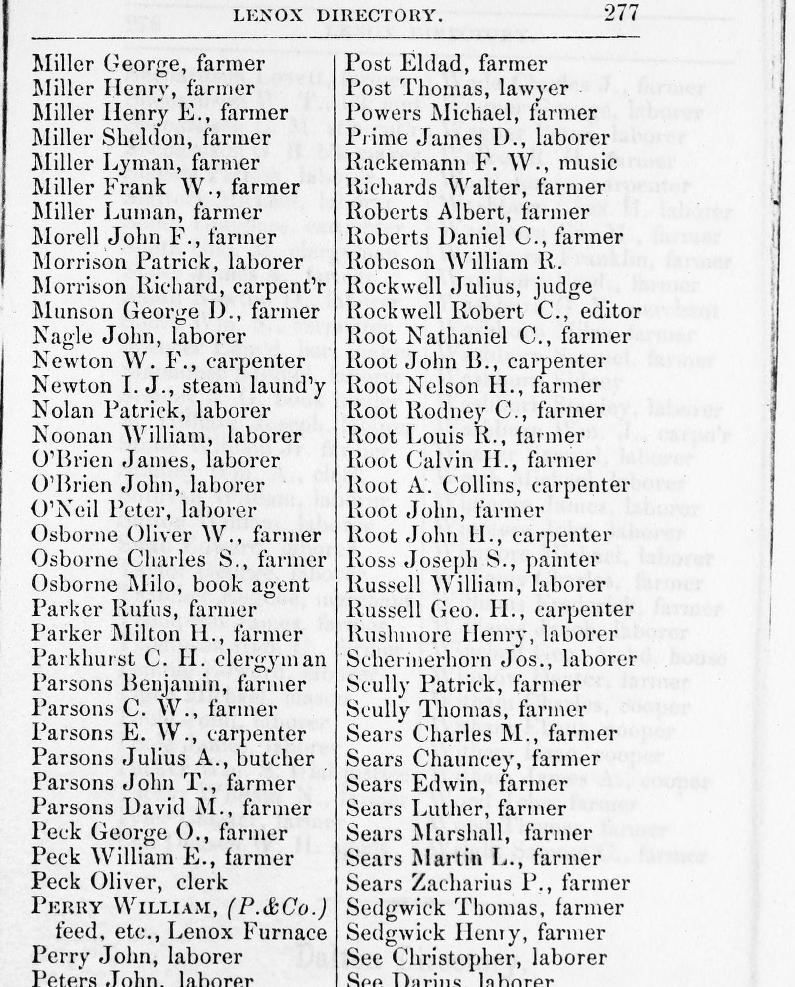 Lenox, printed page 277 of the 1874 county directory: two columns of Millers, Roots, Sears and Sedgwicks, and after almost every name the word farmer or laborer. The only other trades on the page are a lawyer, a judge, an editor, a butcher, a book agent, a music dealer, a clergyman, a painter and a man selling photograph albums.