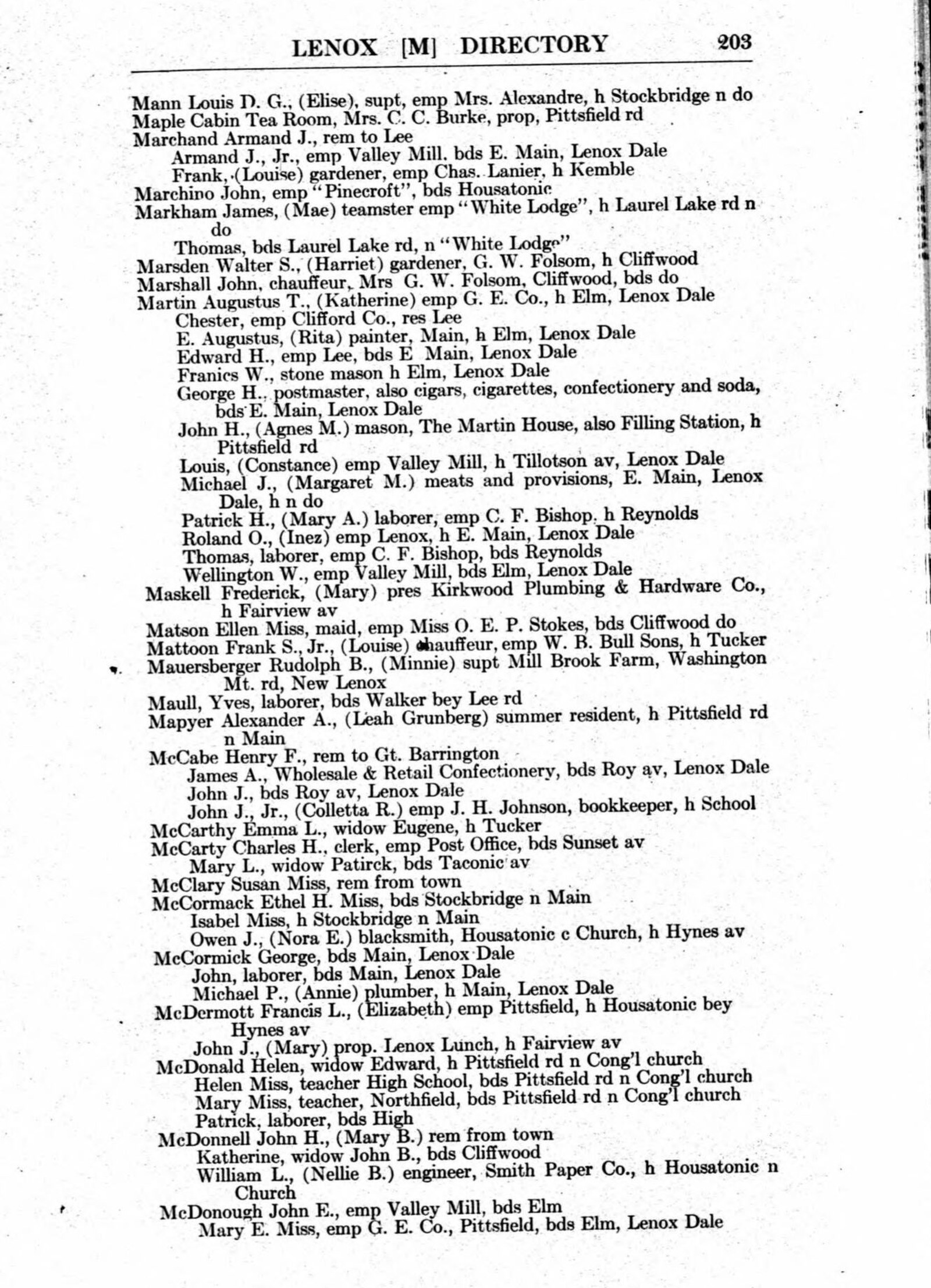 Lenox, printed page 203 of the 1926 Central Berkshire directory, the M’s. On one page: a superintendent, a gardener employed by Charles Lanier, a teamster at “White Lodge”, a chauffeur at “White Lodge”, a plumber, a stone mason, a blacksmith, a bookkeeper, two teachers, an engineer at the Smith Paper Company, a maid, and a run of people whose entry says only emp and a house name.