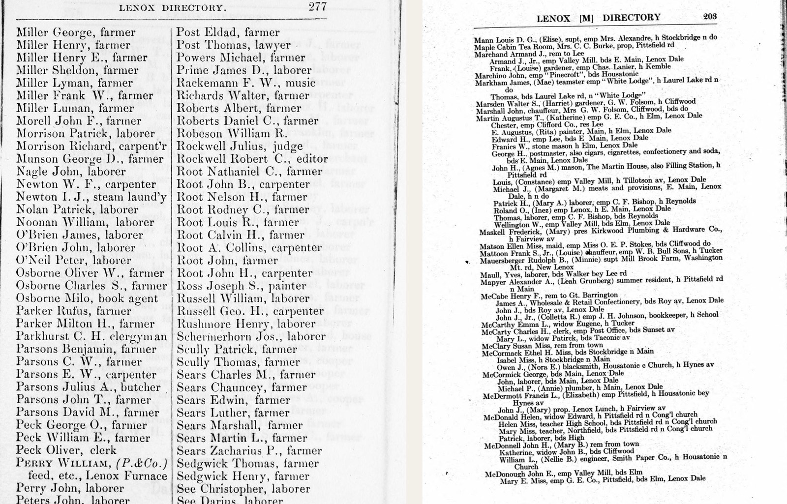 Two directory pages side by side: the 1874 Lenox page, two columns of farmers and laborers, and the 1926 Lenox page, with gardeners, chauffeurs and a superintendent