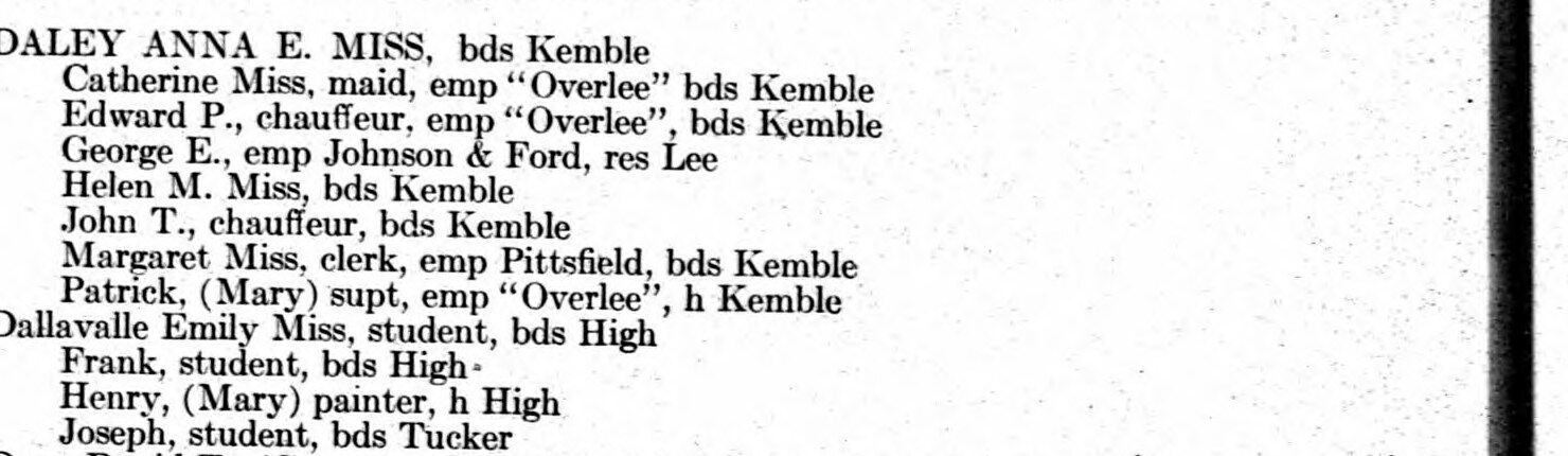 The Daley household on Kemble Street. Patrick is superintendent at “Overlee”; Catherine is a maid there; Edward is a chauffeur there. Seven adult children at one address.