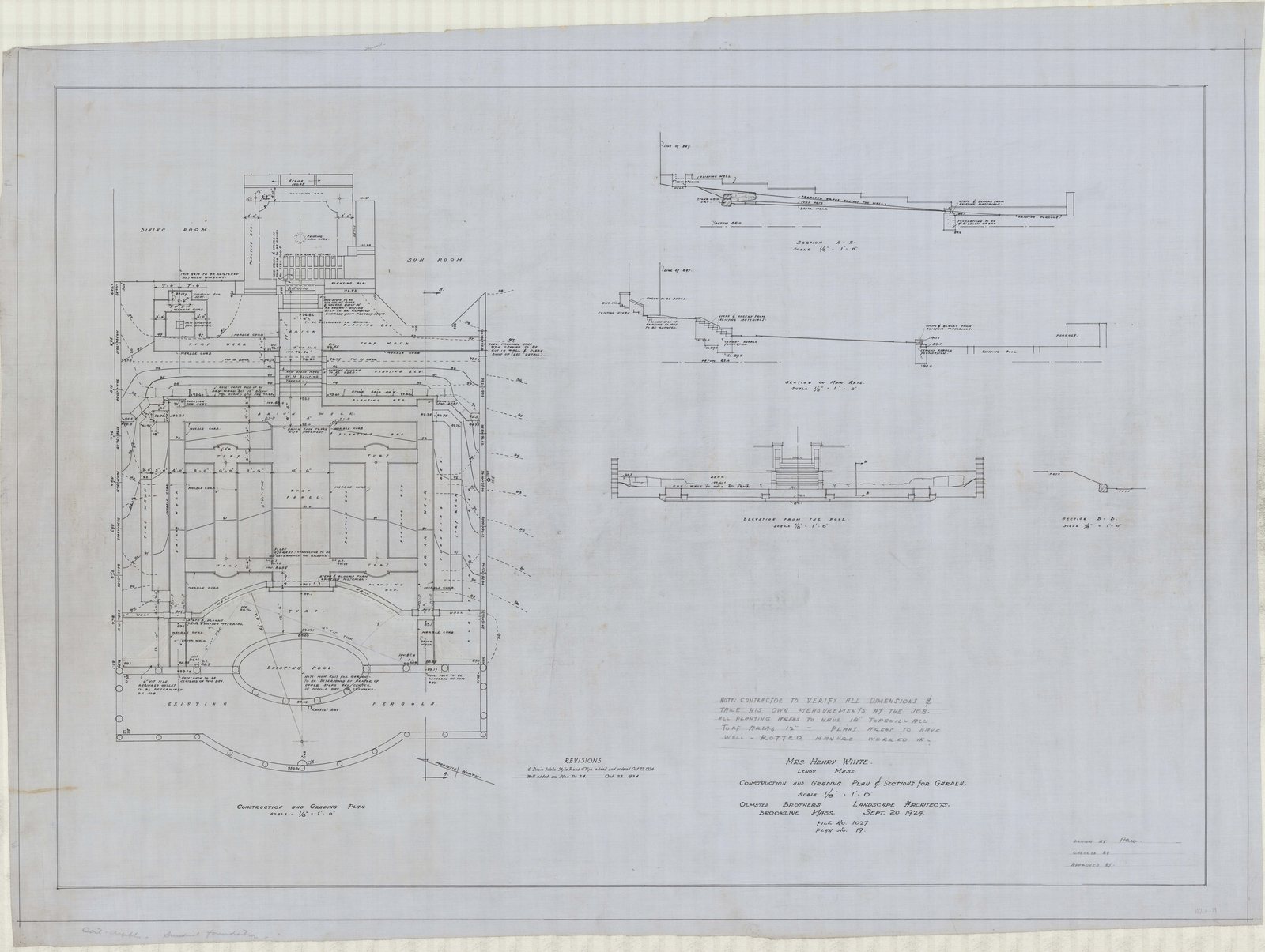 01027-19, 20 September 1929. Construction and grading plan and sections for garden; drain inlets added 22 October 1929.