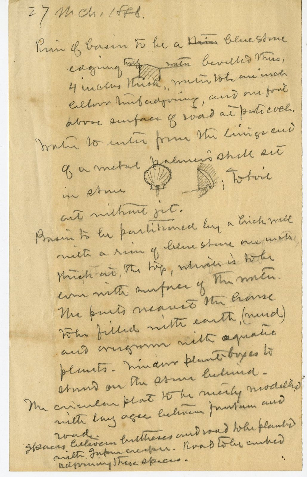 27 March 1886. Pencil note on the fountain basin, with a sketch of the shell inlet.