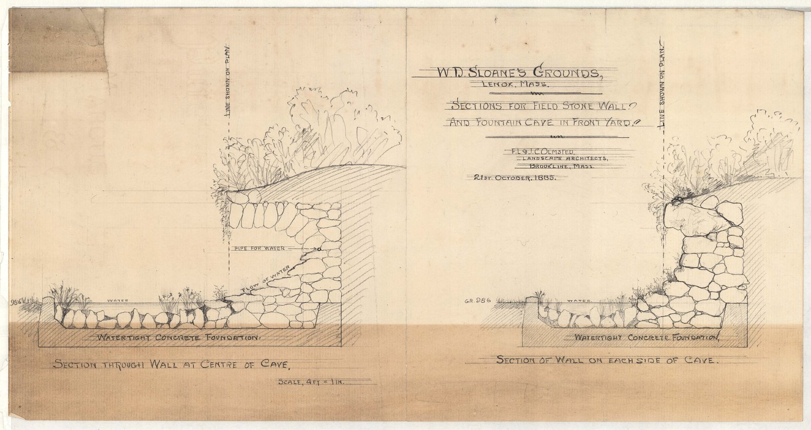 Plan 01027-Z12, 21 October 1885. “Sections for Field Stone Wall and Fountain Cave in Front Yard.” F.L. & J.C. Olmsted.