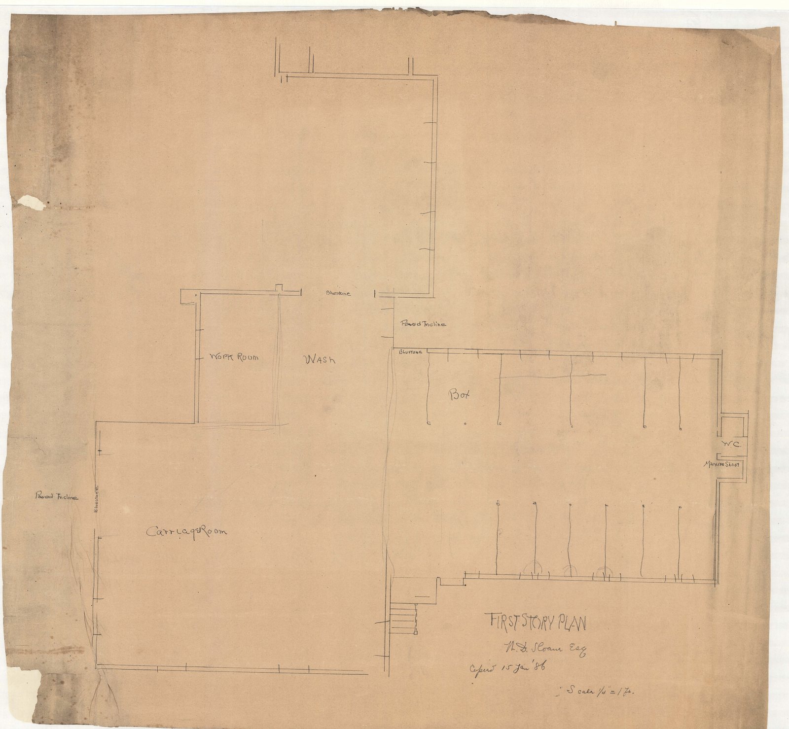 01027-Z17, 15 January 1886. Stable and cottage plans, first story. Resinous tracing paper.