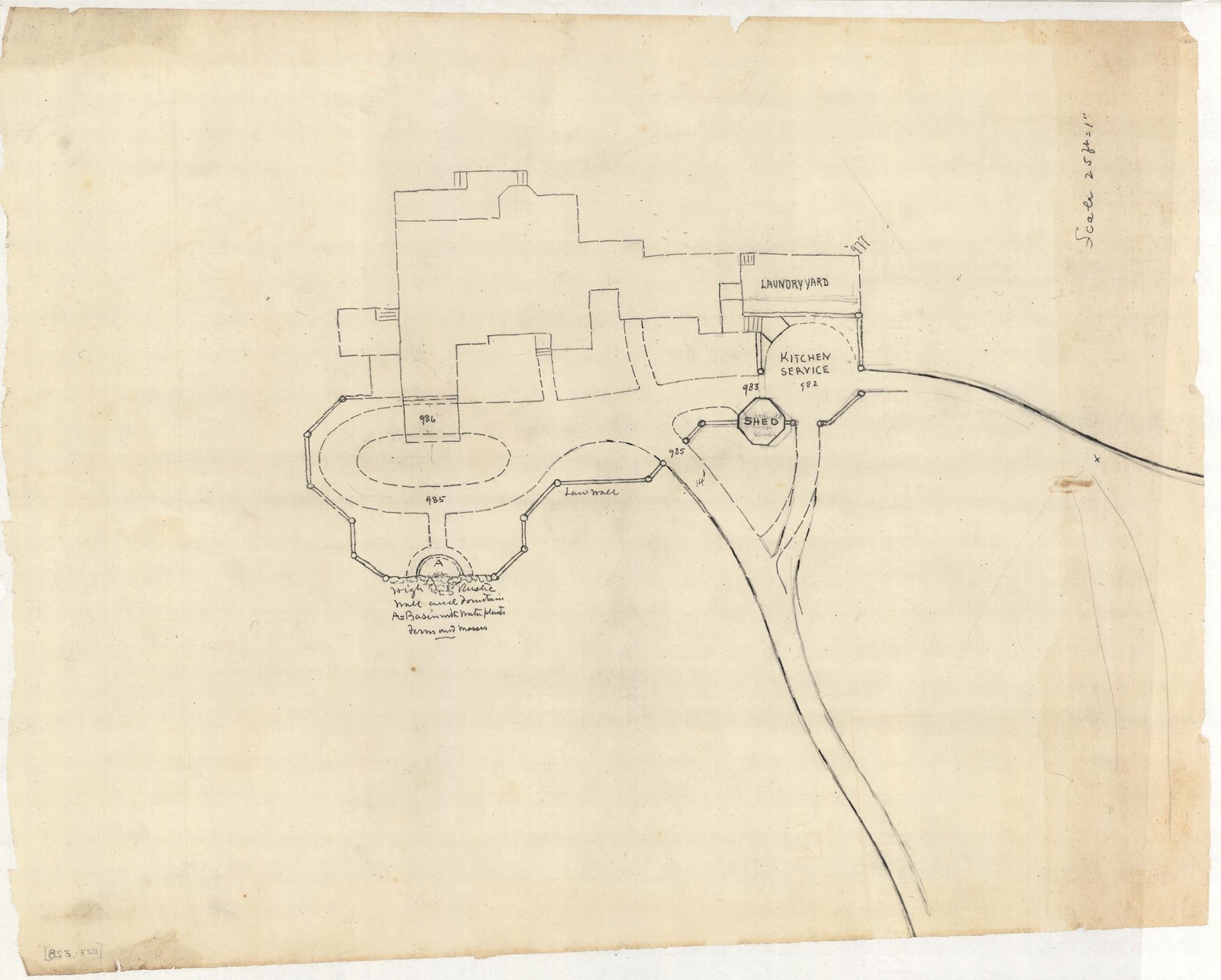 01027-Z28, undated. Inventory note: shows “high rustic wall and fountain.”