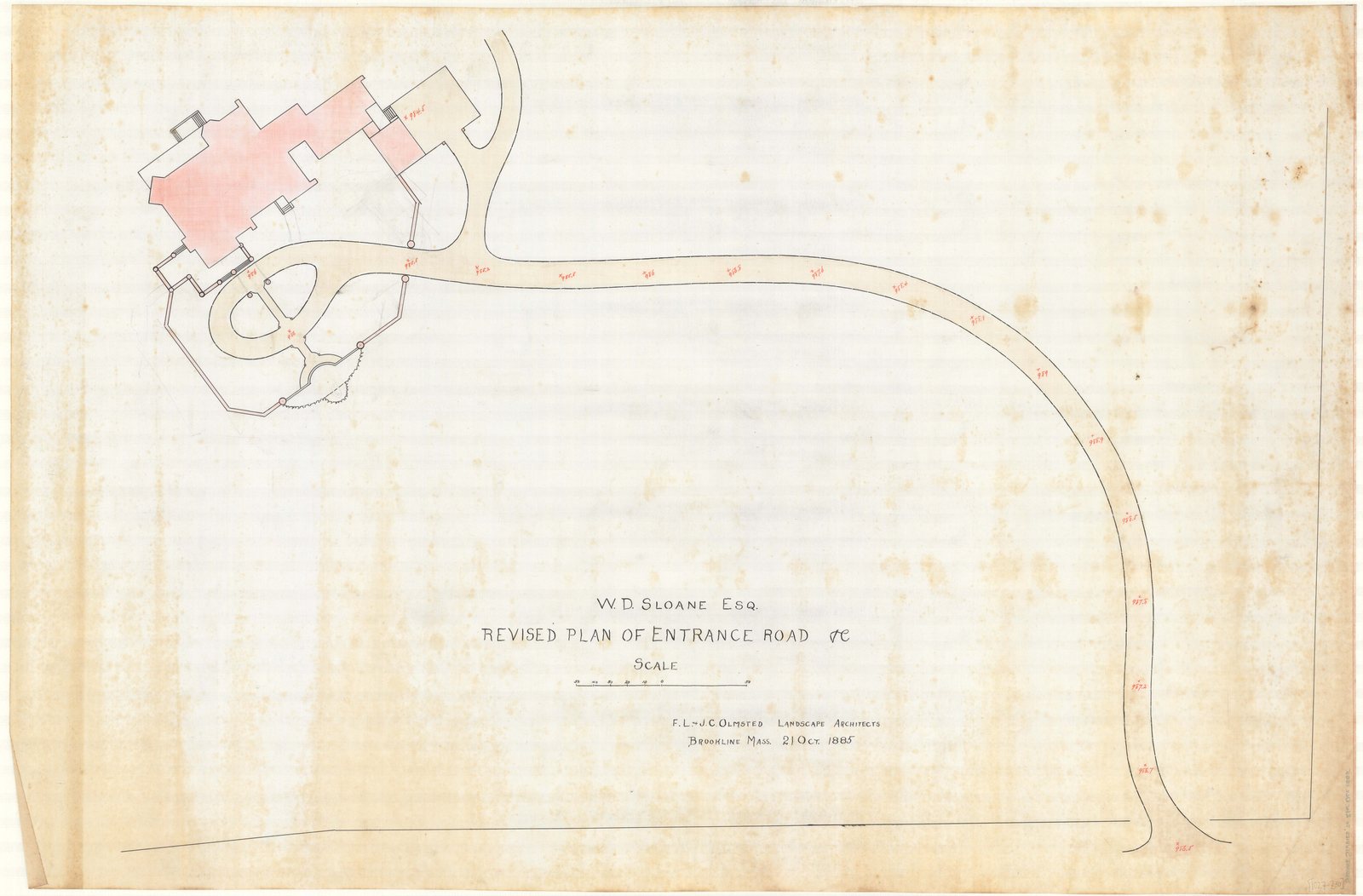 01027-Z30, 21 October 1885. “Revised Plan of Entrance Road etc.” The house in red.