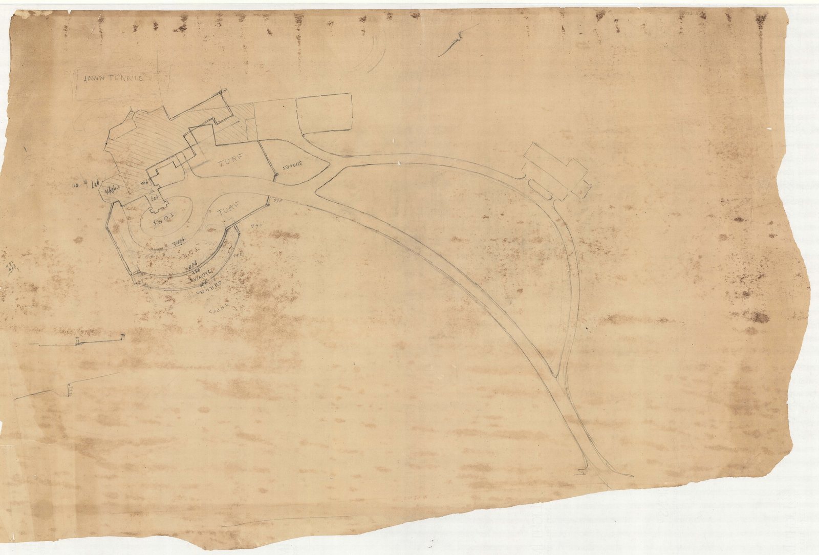 01027-Z37, undated. A sketch marking “turf,” “shrubs” and “flowers.”