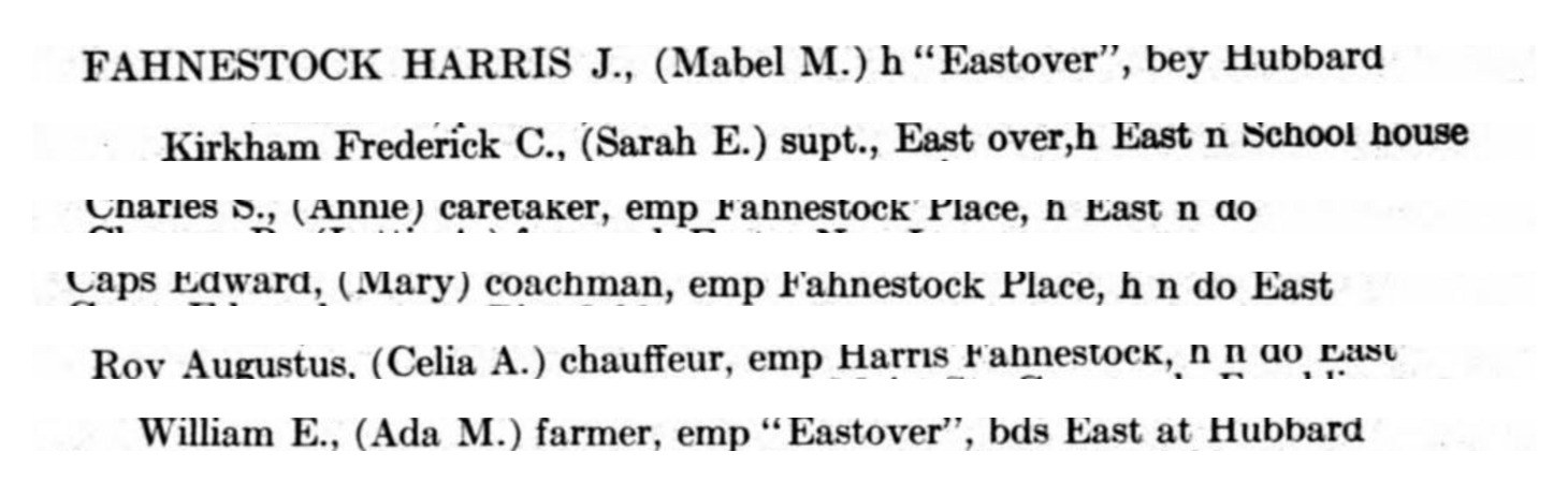 Six entries from the 1926 Lenox directory: Fahnestock at Eastover, and his superintendent, caretaker, coachman, chauffeur and farmer