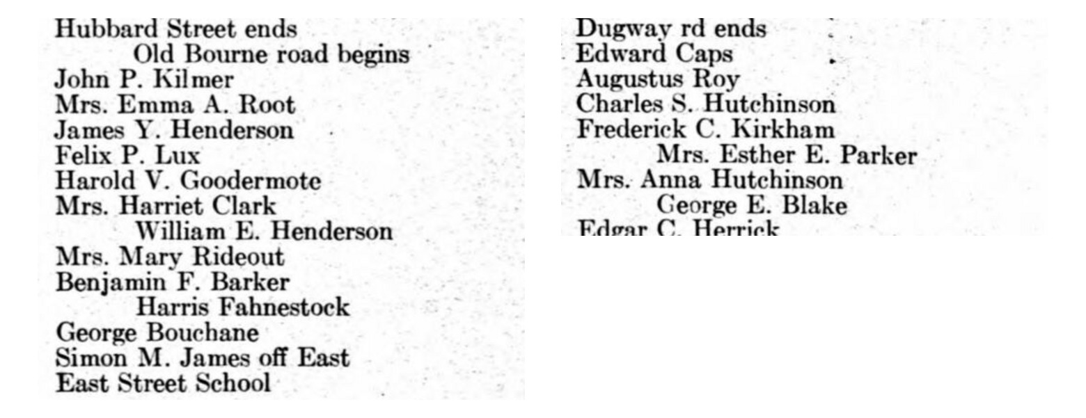 East Street in the Lenox street list, printed page 169: the left column runs down to the East Street School, and the right column picks up where it left off. Harris Fahnestock is indented — the right-hand side of the road. His coachman, chauffeur, caretaker and superintendent are flush left, in four consecutive houses on the other side.