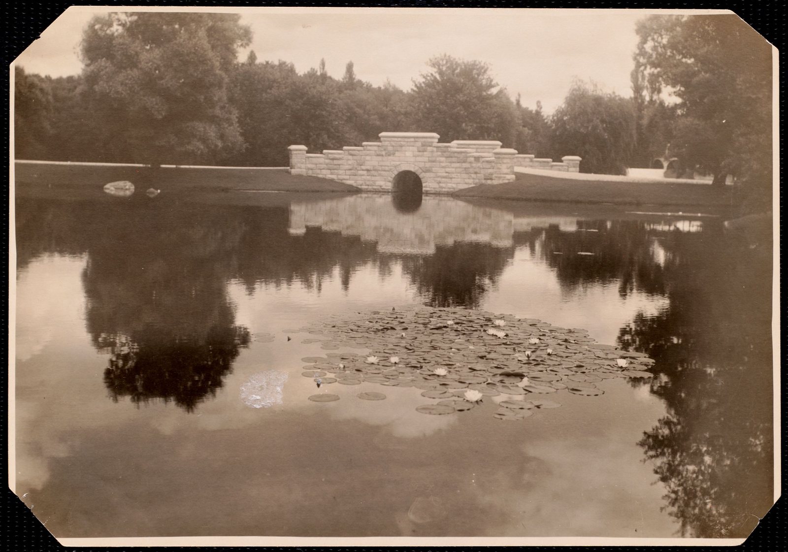 Erskine Park: stone bridge and lillipads. Spelling as catalogued.