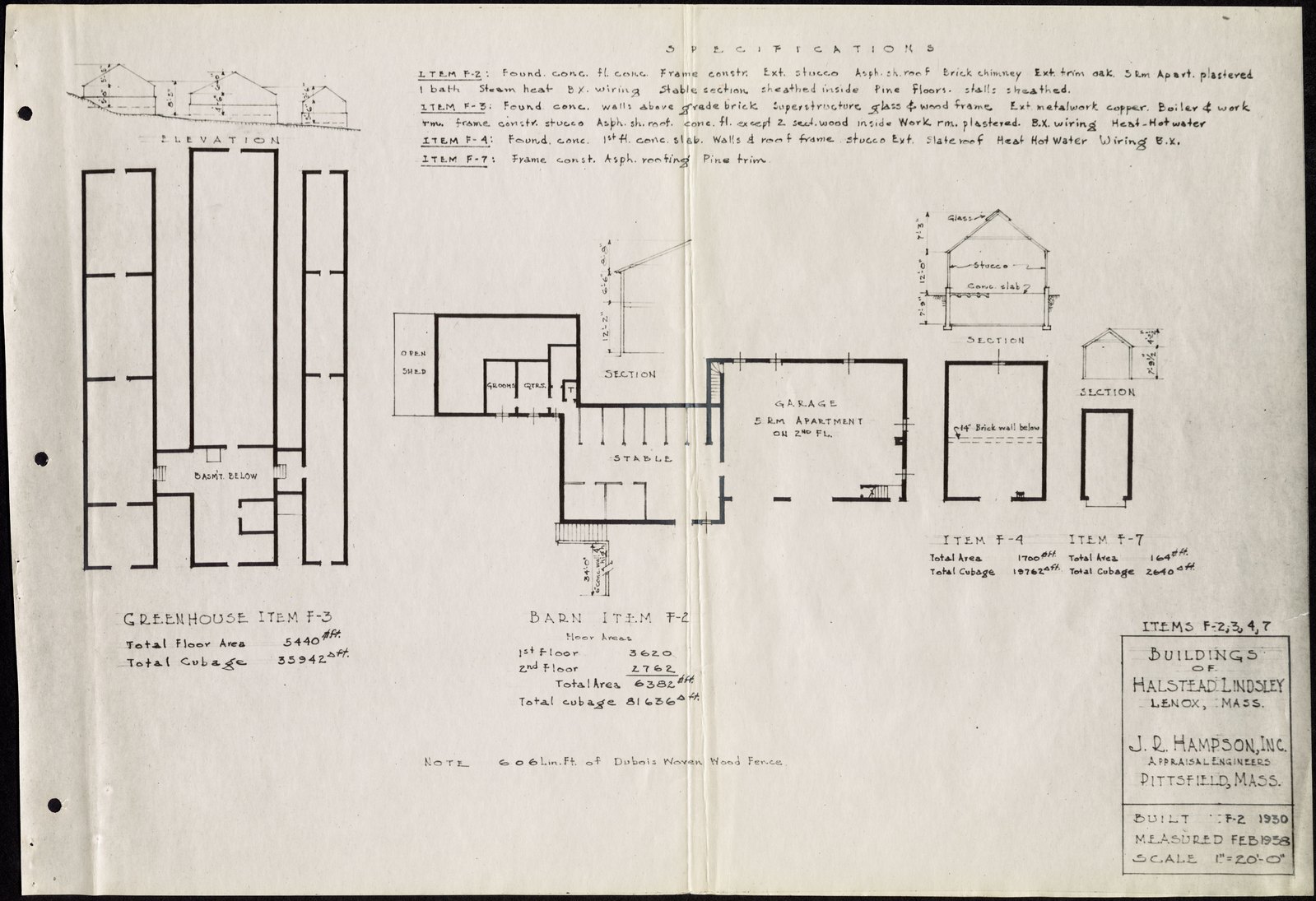 Ethelwyn: buildings. February 1938. Greenhouse item #2, barn item #5, and items #6 and #7, each with its total floor area and total cubage, with specifications above.