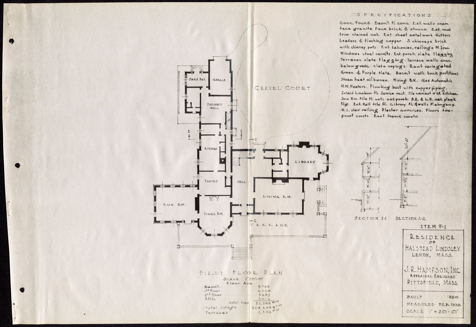The first floor plan, measured February 1938, with the appraisal engineers’ title block at lower right and the specifications down the margin.