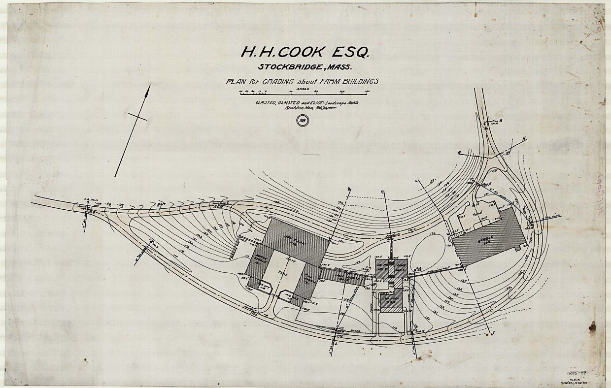 Plan 99. Grades about the farm buildings, in sections A to L. Earthwork drawn as a problem to be solved, not a view to be composed.