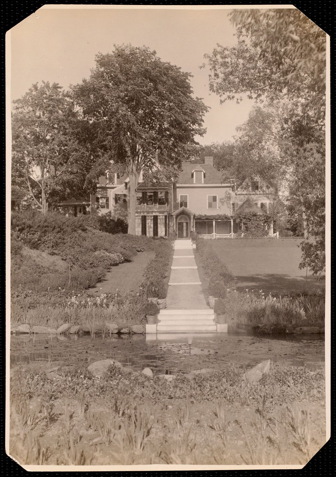 Fairlawn: back lawn with walk to pond. about 1902–1918.
