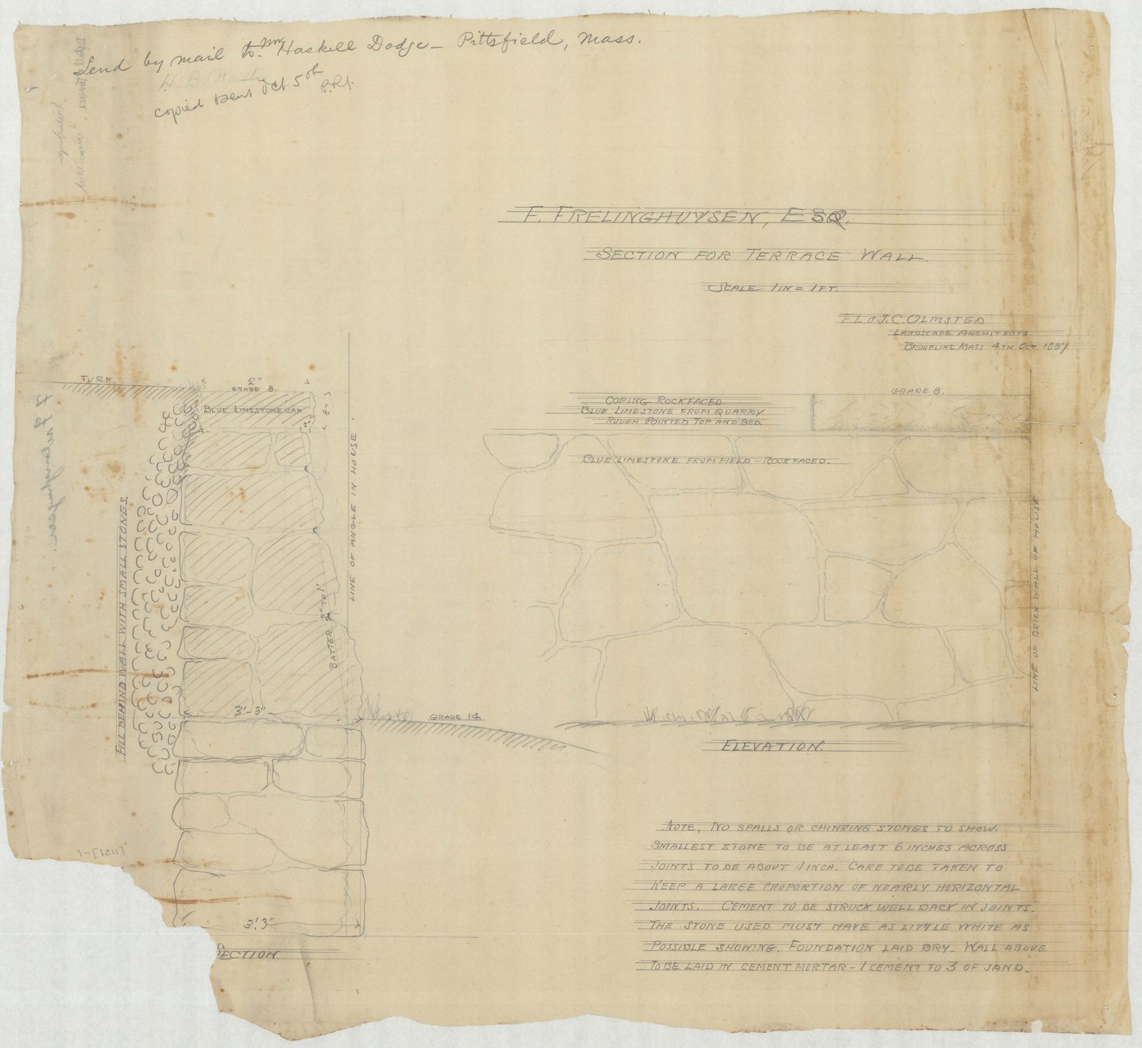 Sheet carrying a long written specification down its left side, the drawing beside it. Olmsted job 01131.