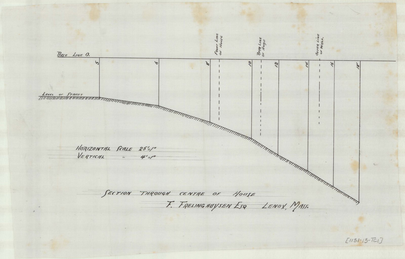 “SECTION THROUGH CENTRE OF HOUSE. F. FRELINGHUYSEN ESQ. LENOX, MASS.” with the horizontal and vertical scales given separately. Olmsted job 01131.