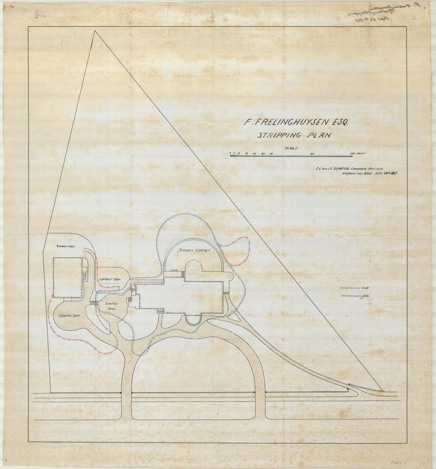 “F. FRELINGHUYSEN ESQ. STRIPPING PLAN.” The sheet is endorsed on the back in pencil, “F. Frelinghuysen, Grading & Stripping Plan, Sept. 24th 1887.”