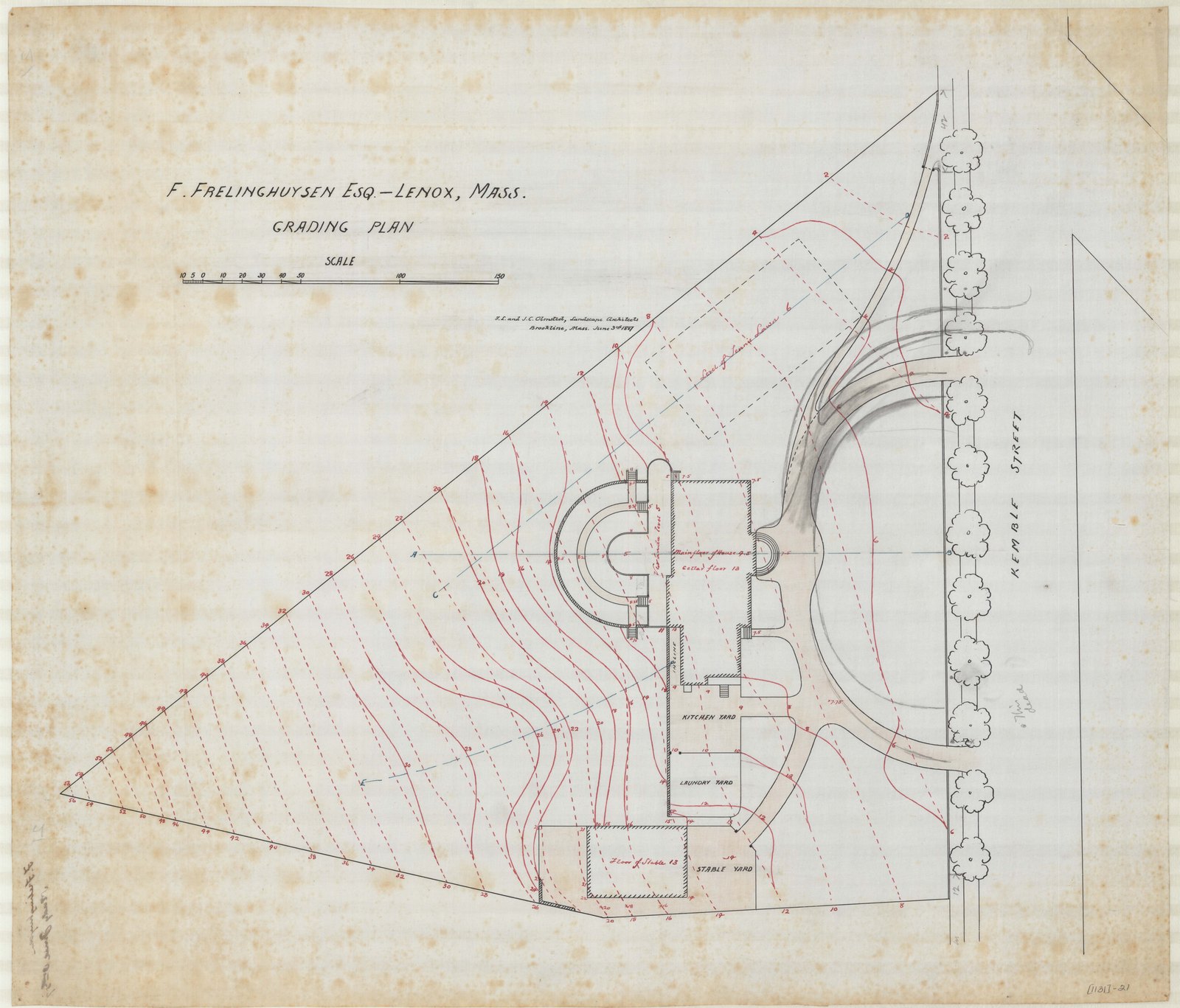 Grading plan, the new contours carried across the whole lot in red. Olmsted job 01131.
