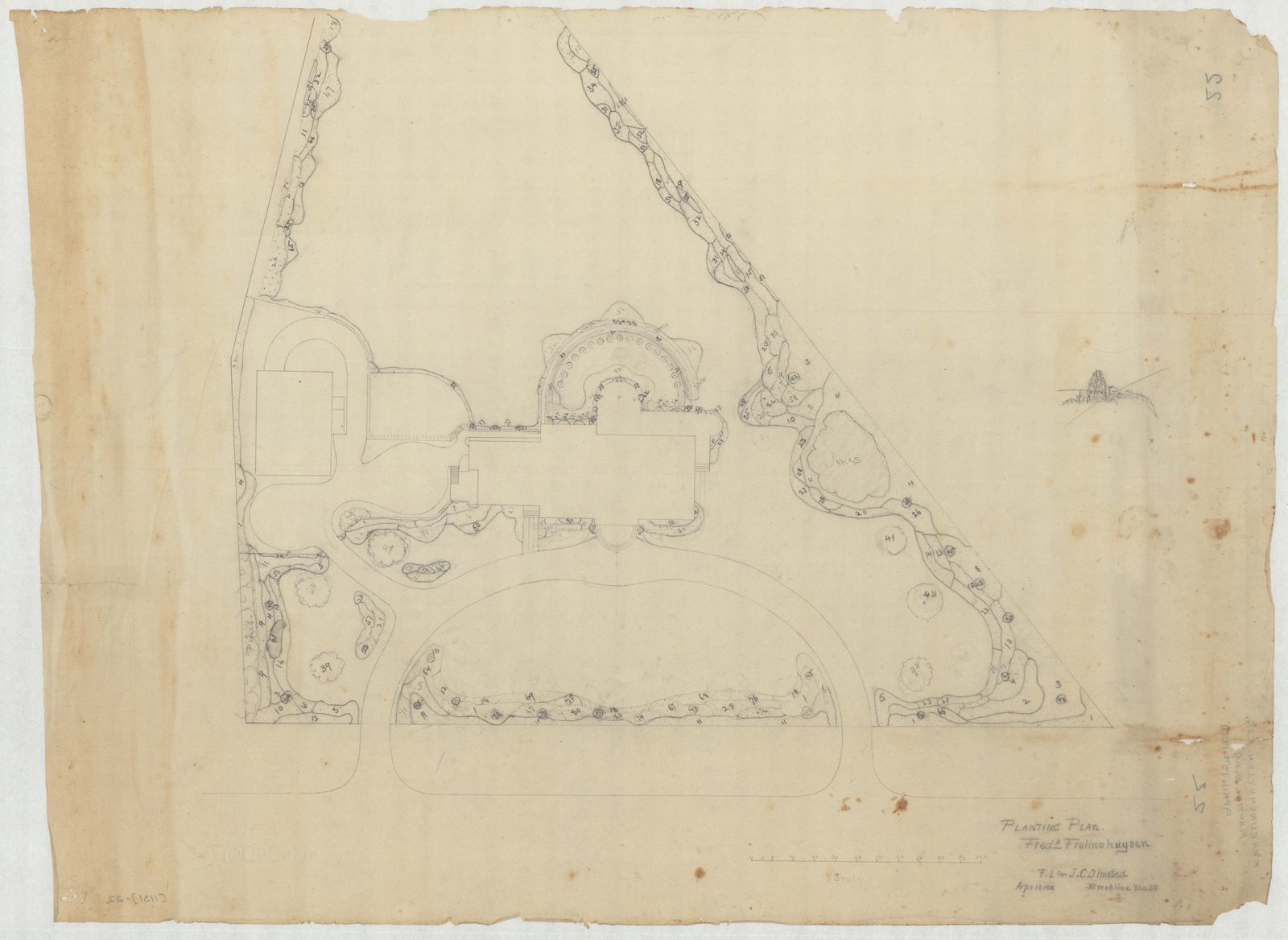 Grading plan traced, the boundary planting shown. Olmsted job 01131.