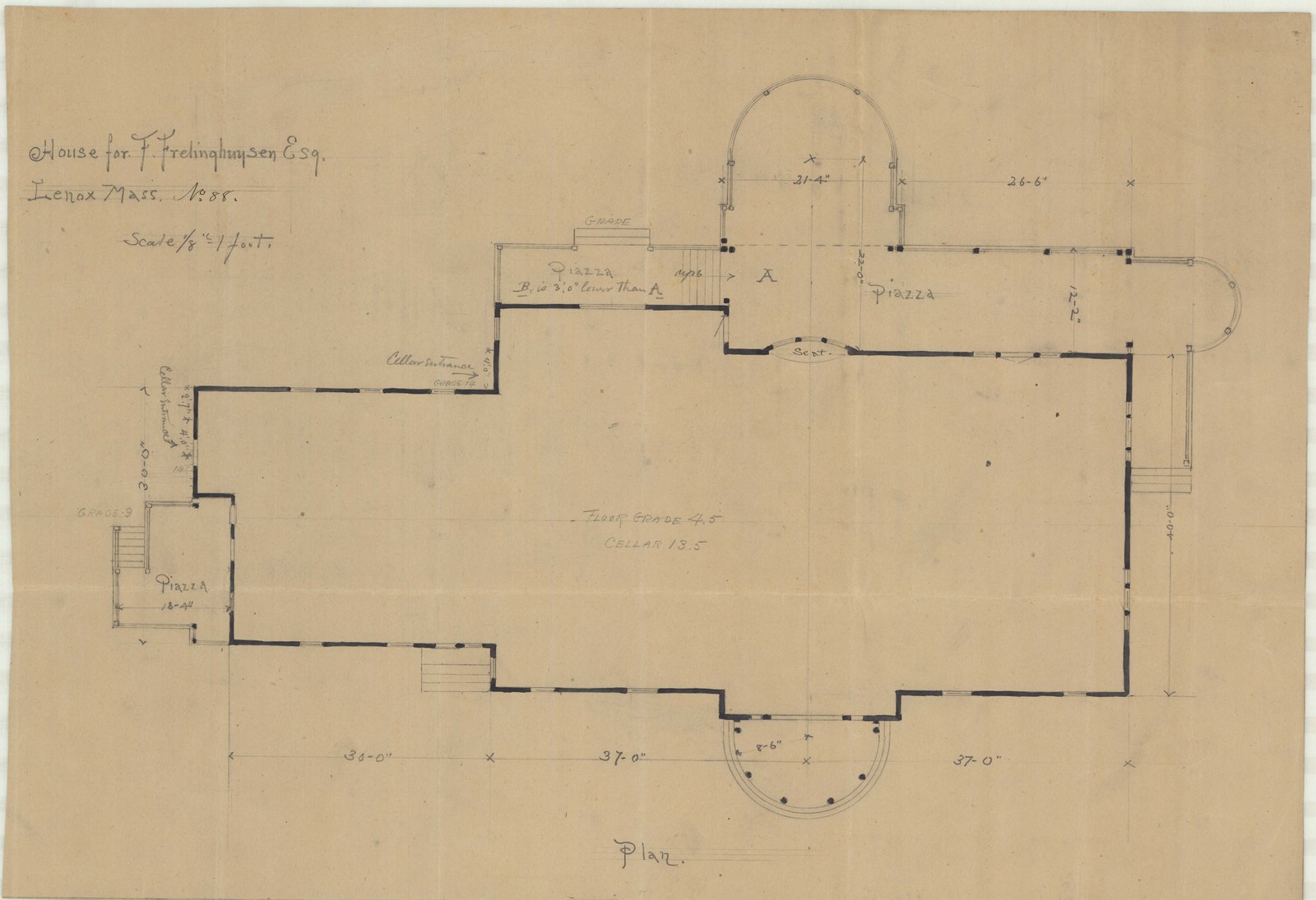 Plan of the house footprint, drawn heavy, with the ground worked around it. Olmsted job 01131.