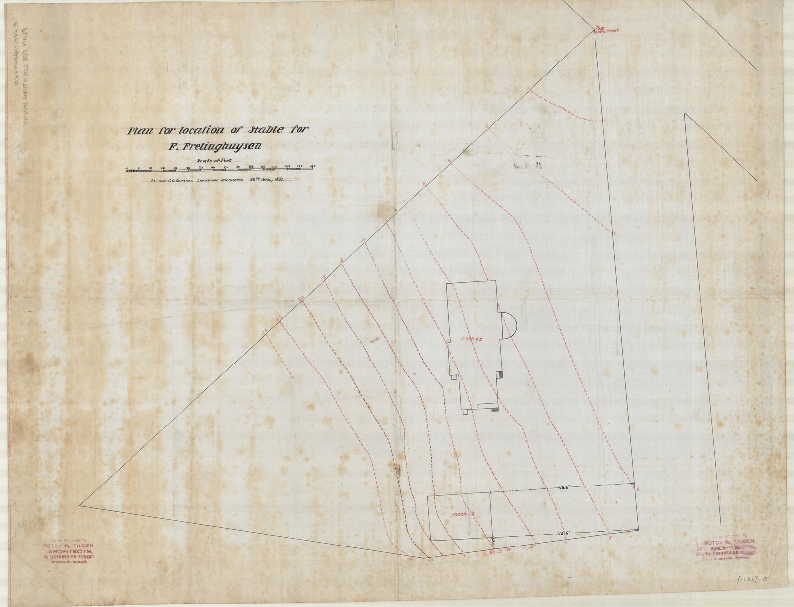 “Plan for location of stable for F. Frelinghuysen.” Scale of feet. “F.L. AND J.C. OLMSTED, LANDSCAPE ARCHITECTS. 22ND APRIL, 1887.” The reverse is endorsed “PLAN FOR LOCATING HOUSE — F. FRELINGHUYSEN.”
