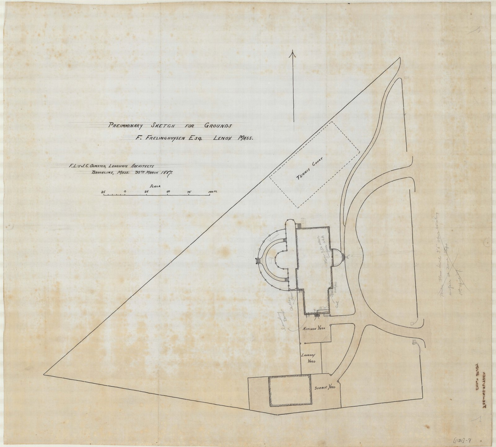 “PREIMMINARY SKETCH FOR GROUNDS.” The misspelling is the draftsman’s, lettered carefully, twice the height of everything else on the sheet, and sent out of the office like that. Frelinghuysen, Olmsted job 01131.