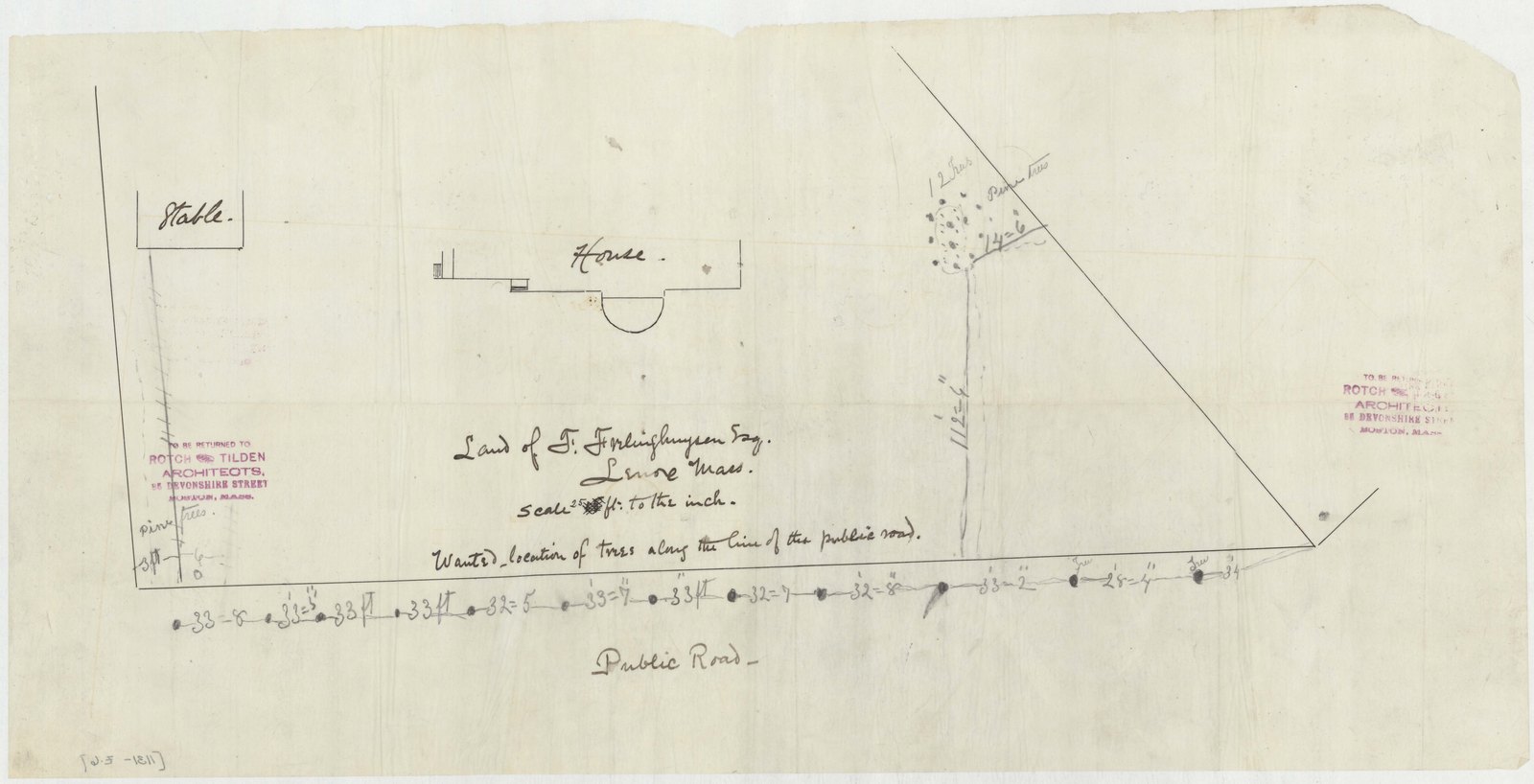 Sketch of the lot boundary with the street and the fill line marked in red. Olmsted job 01131.