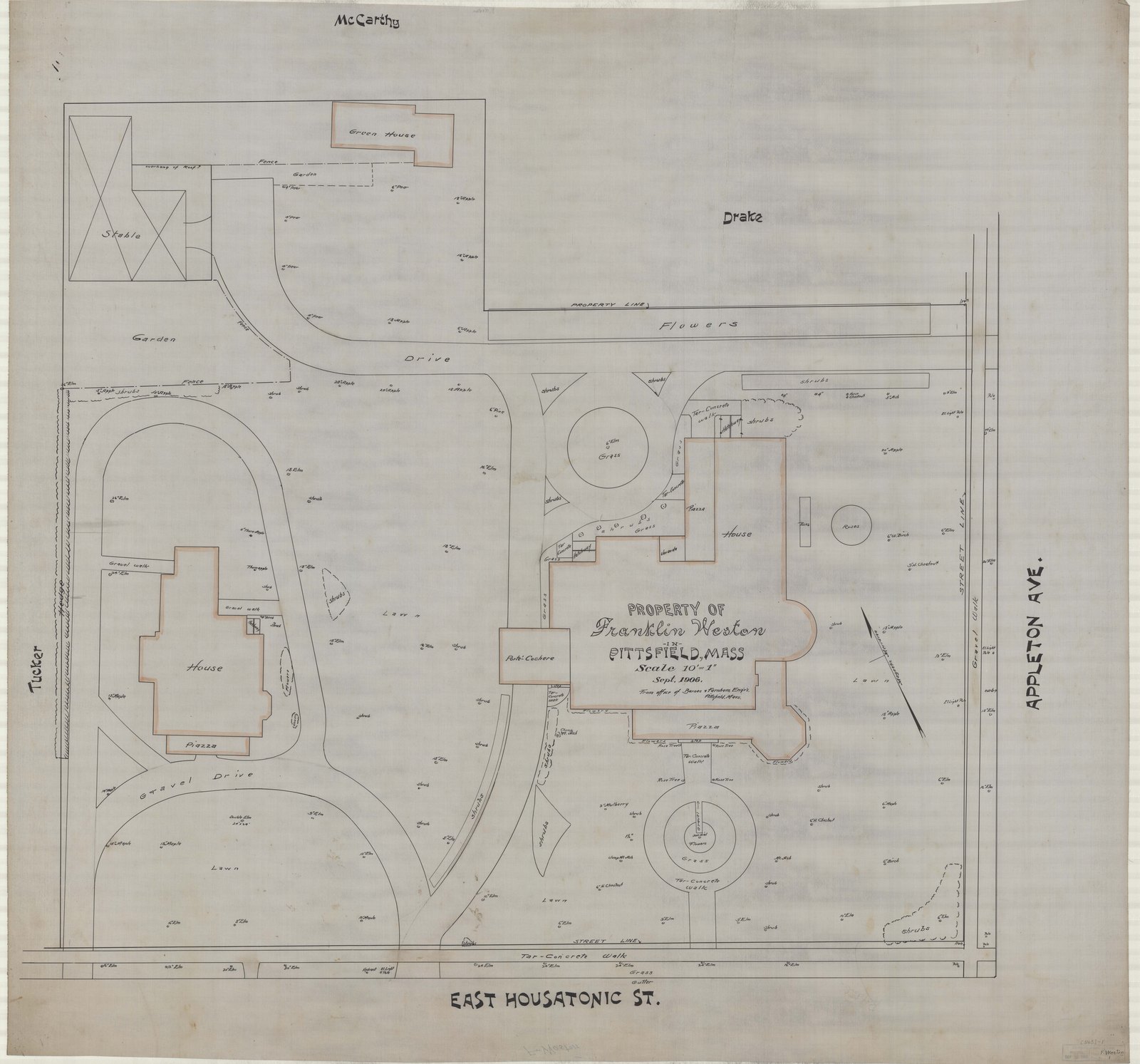 Plan 1, September 1906. “PROPERTY OF / FRANKLIN WESTON / IN / PITTSFIELD, MA.; SCALE 1” = 10’.” Sheet 41½ by 44 inches. Inventory note: “Rec’d from Barnes & Farnham by Exp. / From Office of Barnes & Farnham, Engrs. Pittsfield, Mass. recto / Topo / Rec’d OB. 25-Sep-1906, st. recto.”
