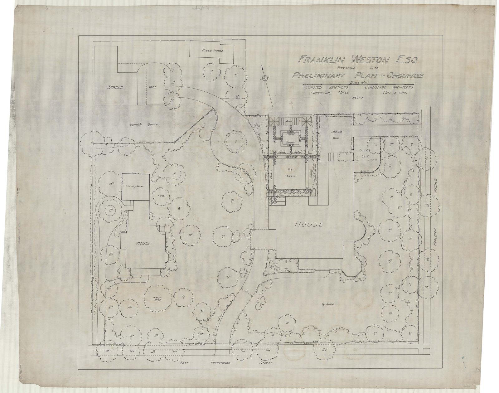 Plan 3, 4 October 1906. “FRANKLIN WESTON ESQ. / PITTSFIELD, MA. / PRELIMINARY PLAN FOR GROUNDS; SCALE 1”= 10’.” Sheet 41½ by 50¾ inches. Inventory note: “OBLA, recto / Copy of # 2 / Sec # 5 for Rev. / (Formal Garden circled with graphite, measurement in laundry yard. recto).”
