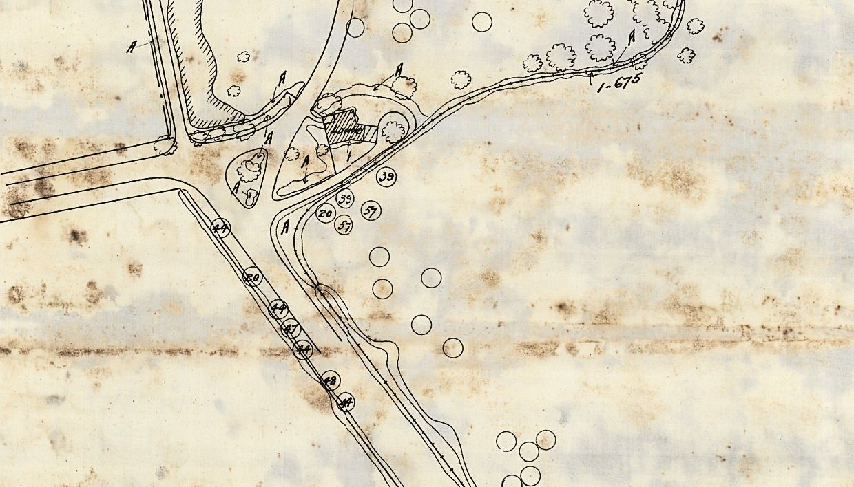 Plan 122-sh1, detail. The gate lodge in its junction, the avenue running away down the new road, and two American elms — number 57 — at the gate itself.