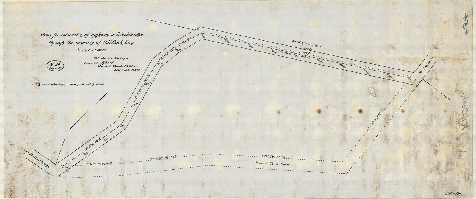 Plan 54, 18 September 1893. The present town road dotted; the replacement solid, swung north and uphill. W.H. Barnes, surveyor, from the office of Olmsted, Olmsted & Eliot.