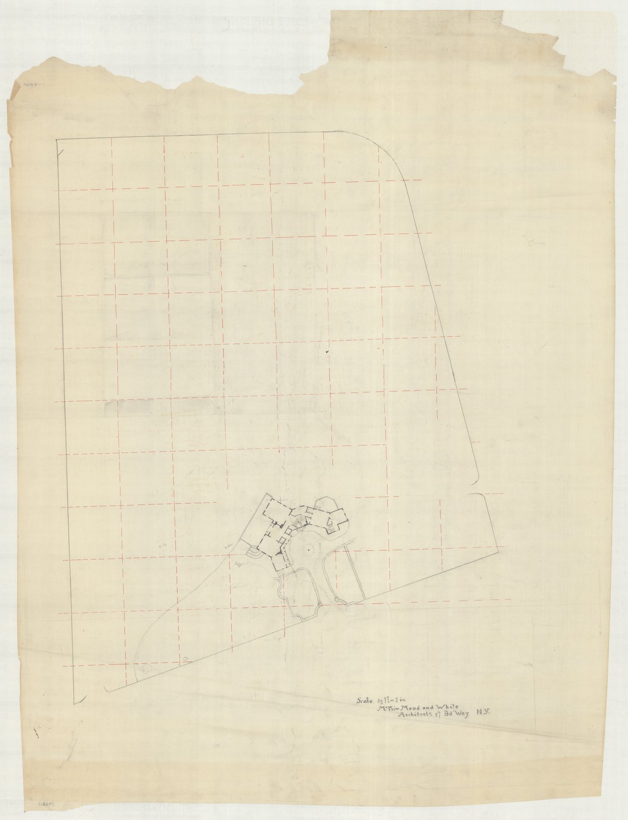 Plan 1, no date. “[OUTLINE PLAN OF HOUSE ON PROPERTY LOT; SCALE 50’=1”].” Inventory note: “TITLE COMES FROM INVENTORY LIST; INDICATES TREES.” Sheet 39 by 29 inches.