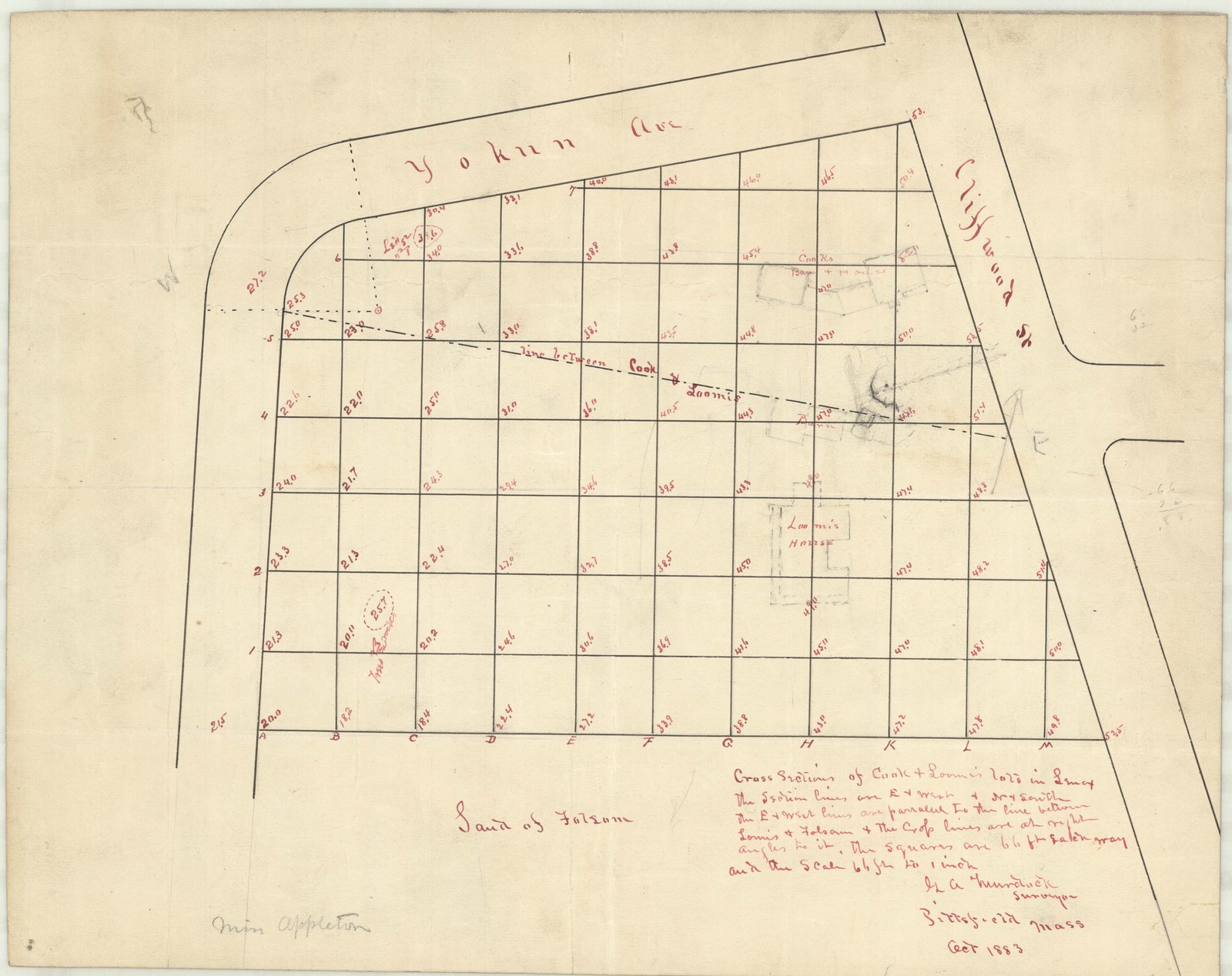 Plan 10, October 1883. “CROSS SECTIONS OF COOK AND LOOMIS LOTS IN LENOX; MISS JULIA APPLETON.” The inventory note reads: “PROPERTY BORDERED BY YOKUM AVE. AND CLIFFORD ST.; INDICATES LOOMIS AND COOK PROPERTY LOTS, GRADES, AND HOUSES.” Sheet 12½ by 15½ inches.