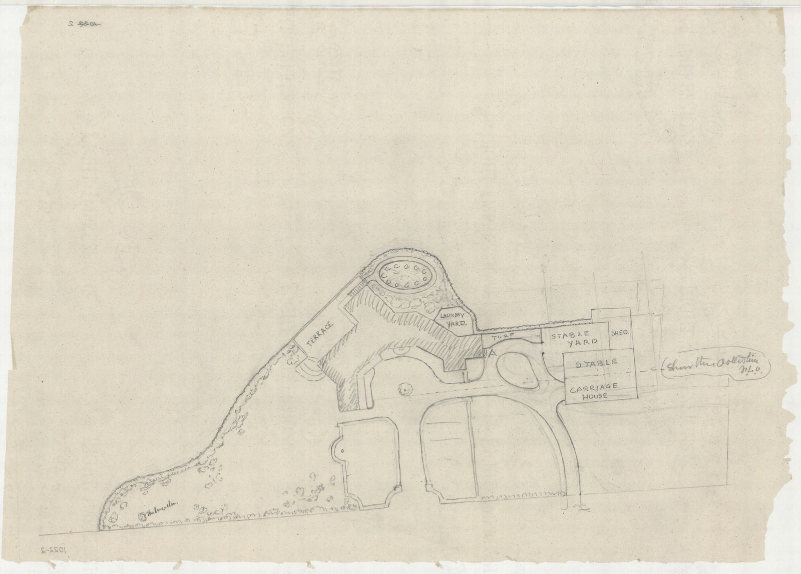 Plan 2, no date. “[PLAN OF HOUSE, DRIVES, AND YARDS].” Inventory note: “TITLE COMES FROM INVENTORY SHEET; INCLUDES NOTE INSTALLED BY F.L.O.”