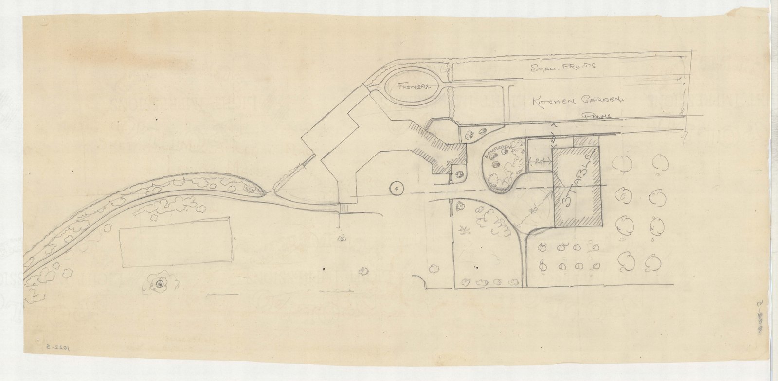 Plan 5, no date. “PRELIMINARY PLAN OF GROUNDS; INDICATES BUILDINGS, DRIVES, AND GARDENS.”