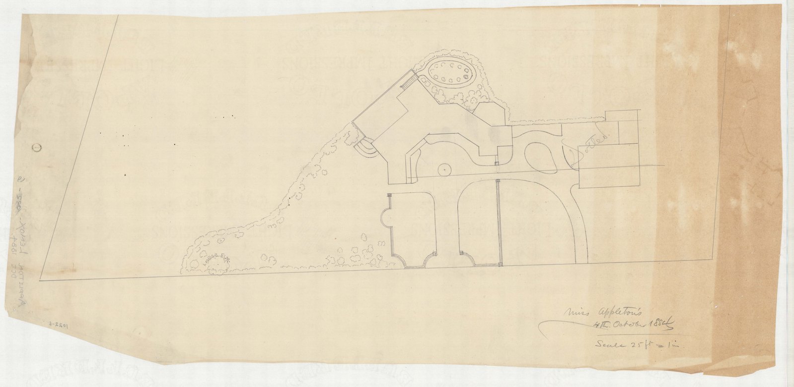 Plan 6, 4 October 1884. “MISS APPLETON’S, LENOX; SCALE 25’=1”.” Inventory note: “PRELIMINARY PLAN OF HOUSE AND GROUNDS.”