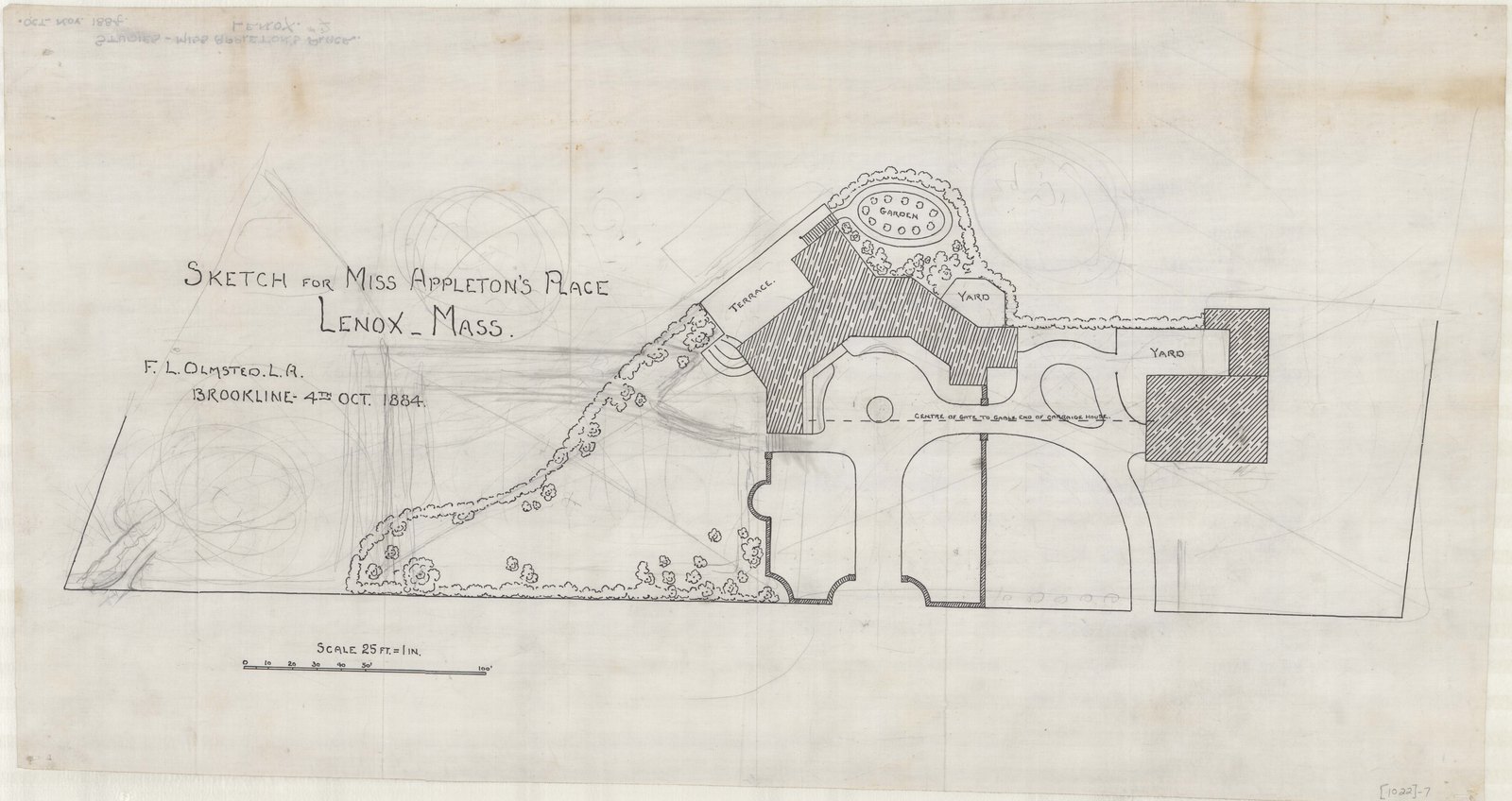 Plan 7, 4 October 1884. “SKETCH FOR MISS APPLETON’S PLACE, IN LENOX, MA; STUDIES; SCALE 25’=1”.” Inventory note: “INDICATES HOUSE, DRIVES, AND YARDS.”