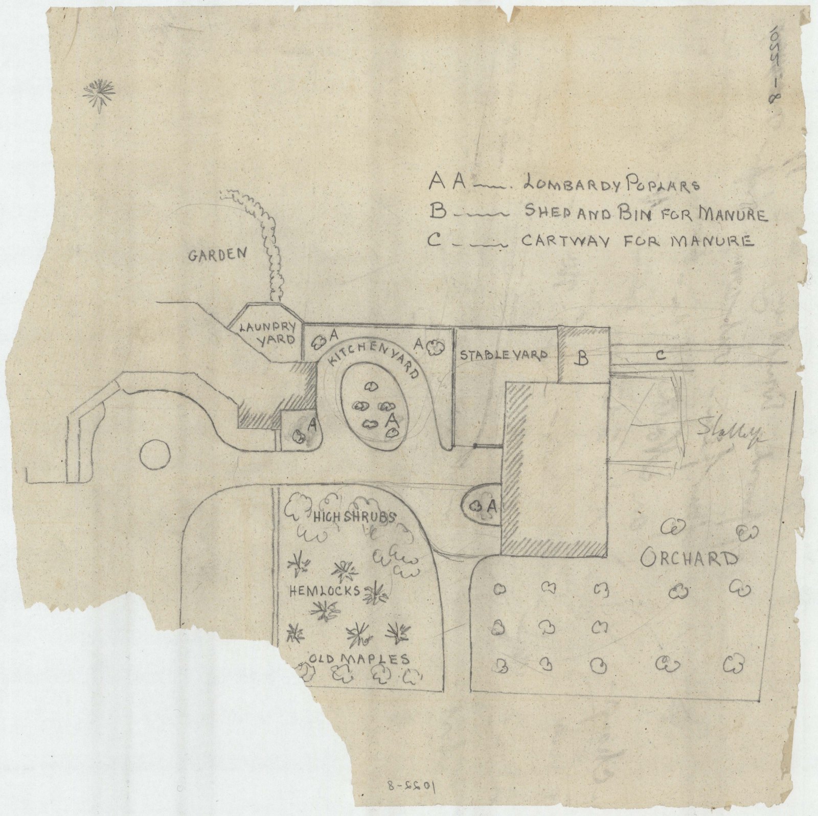 Plan 8, no date. “[PRELIMINARY PLAN OF HOUSE AND GROUNDS WITH KEY TO FEATURES].” Inventory note: “GIVES GENERAL INDICATIONS OF PLANTINGS; LOSS FROM LOWER LEFT CORNER, SOME DESIGN ELEMENTS LOST.”