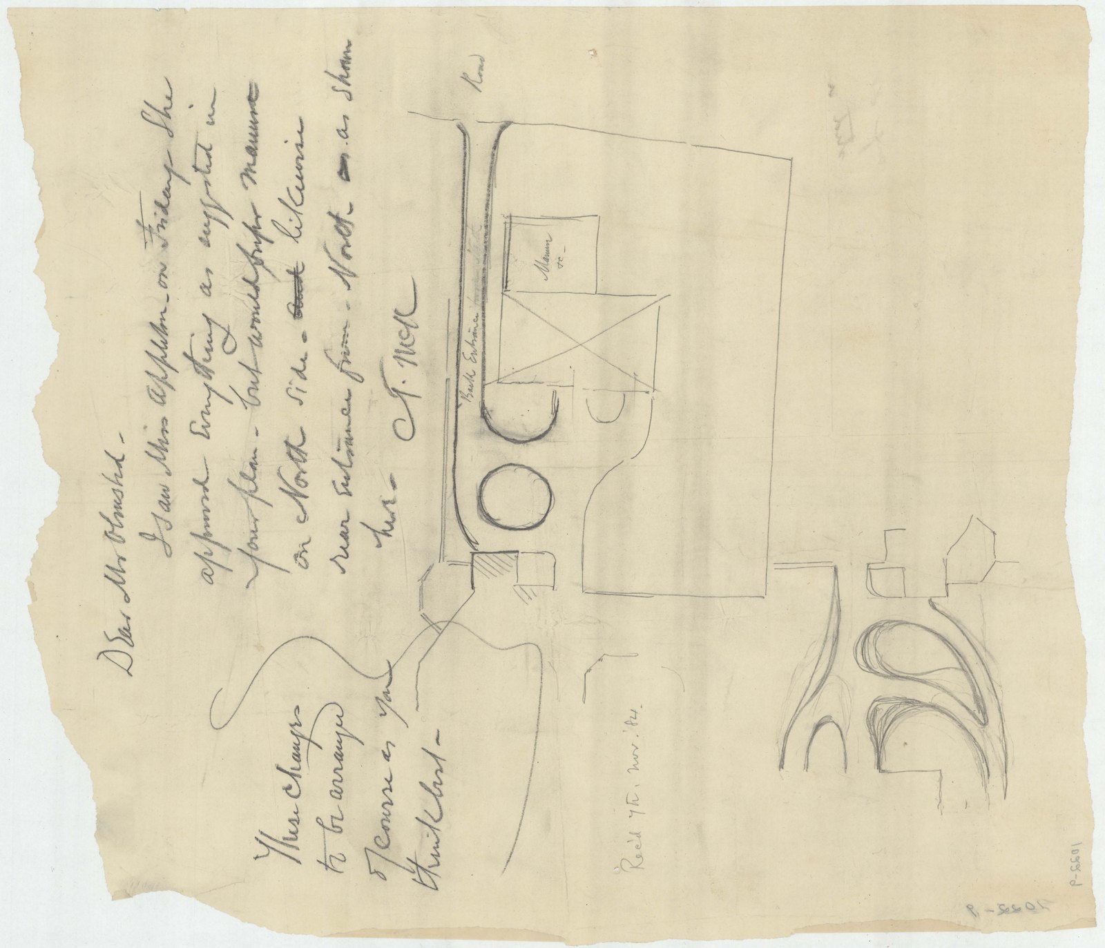Plan 9, 7 November 1884. “[PPRELIMINARY STUDY OF GROUNDS; INDICATES BACK ENTRANCE].” Inventory note: “TITLE COMES FROM INVENTORY SHEET; INCLUDES NOTE BY T. MCK ON MISS APPLETON’S APPROVAL OF F.L.O.’S PLAN.” The doubled P is in the inventory.