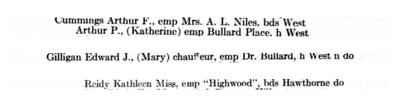Three employees of one house, from three pages of one book: “emp Bullard Place,” “emp Dr. Bullard,” “emp “Highwood.”” Note also the line above the first: Cummings Arthur F. and Cummings Arthur P. are two men on one street, working at different houses.
