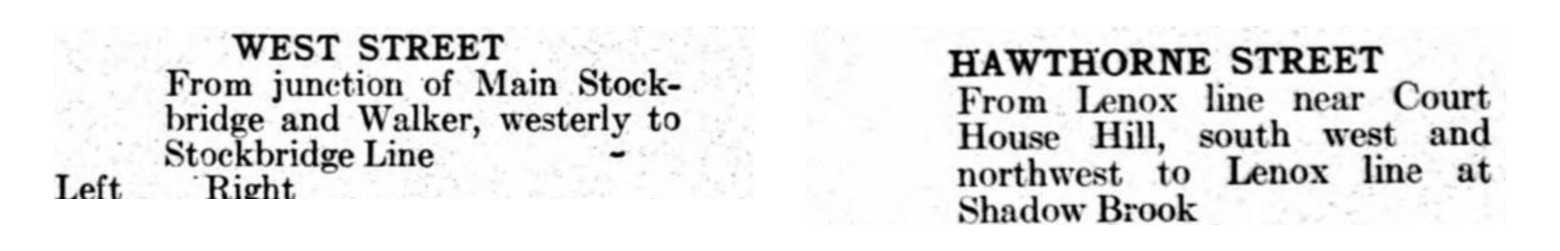 Left: Lenox’s street list, printed page 177. Right: Stockbridge’s, printed page 268. Lenox runs west to the town line; Stockbridge picks up at the Lenox line and comes back to it at Shadow Brook.