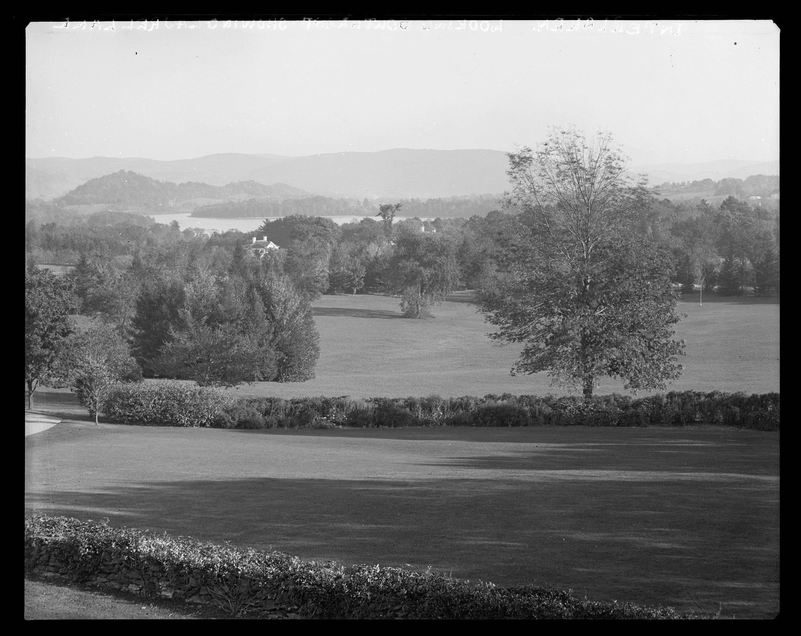 Interlaken: view of Laurel Lake from house. About 1908–1909. The negative reads: “Interlaken looking southeast showing Laurel Lake.”