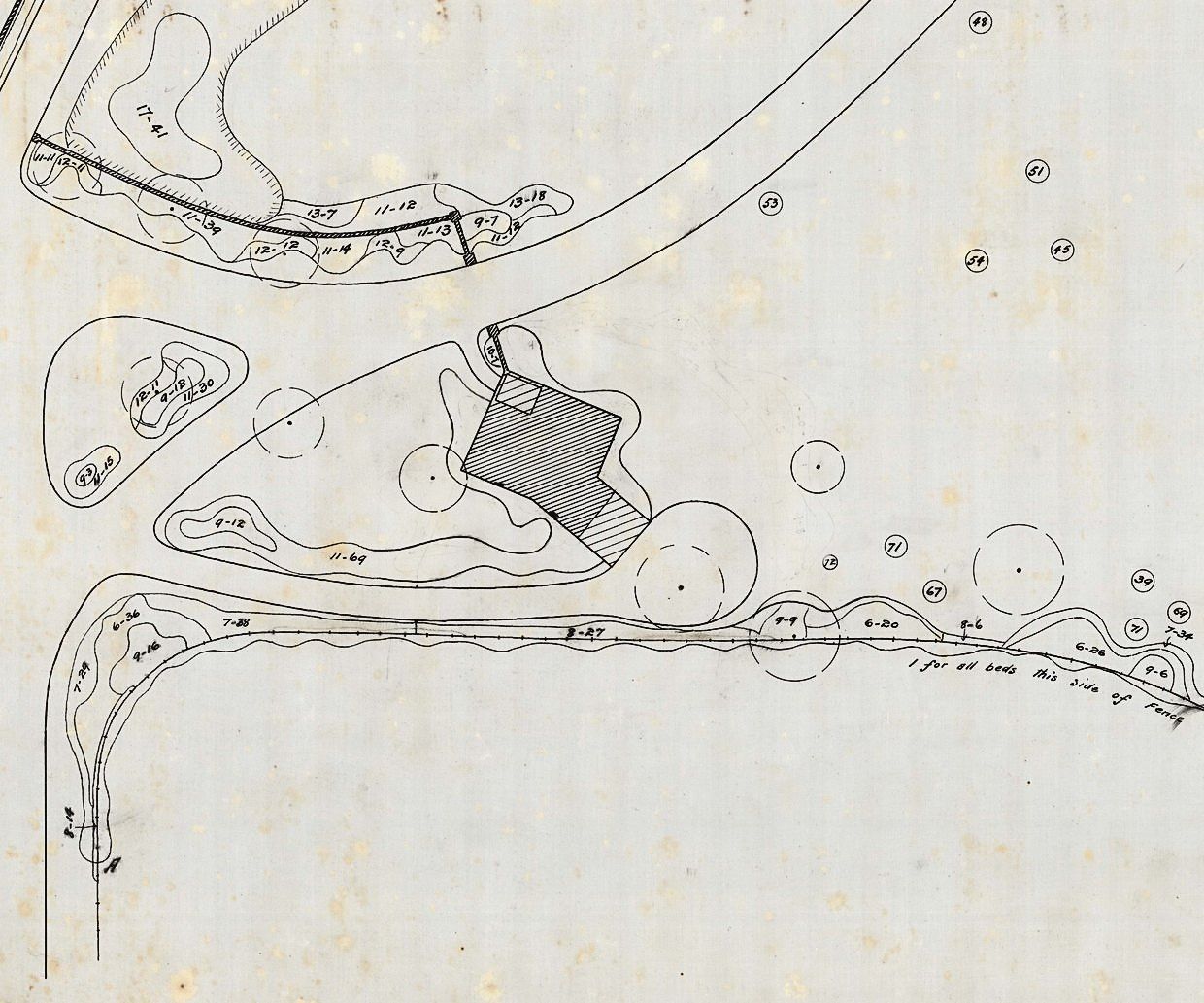 Plan 121-sh1, detail. The beds around the gate lodge, each labeled group and count. Circled numbers are specimen trees.
