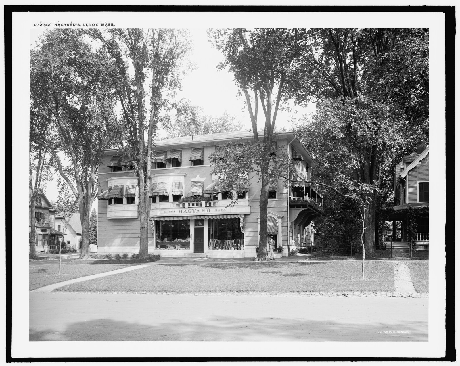 “Hagyard’s, Lenox, Mass.” Negative 072942, catalogued 1910. The Library transcribes the sign: “Hagyard, Drugs. Soda.”