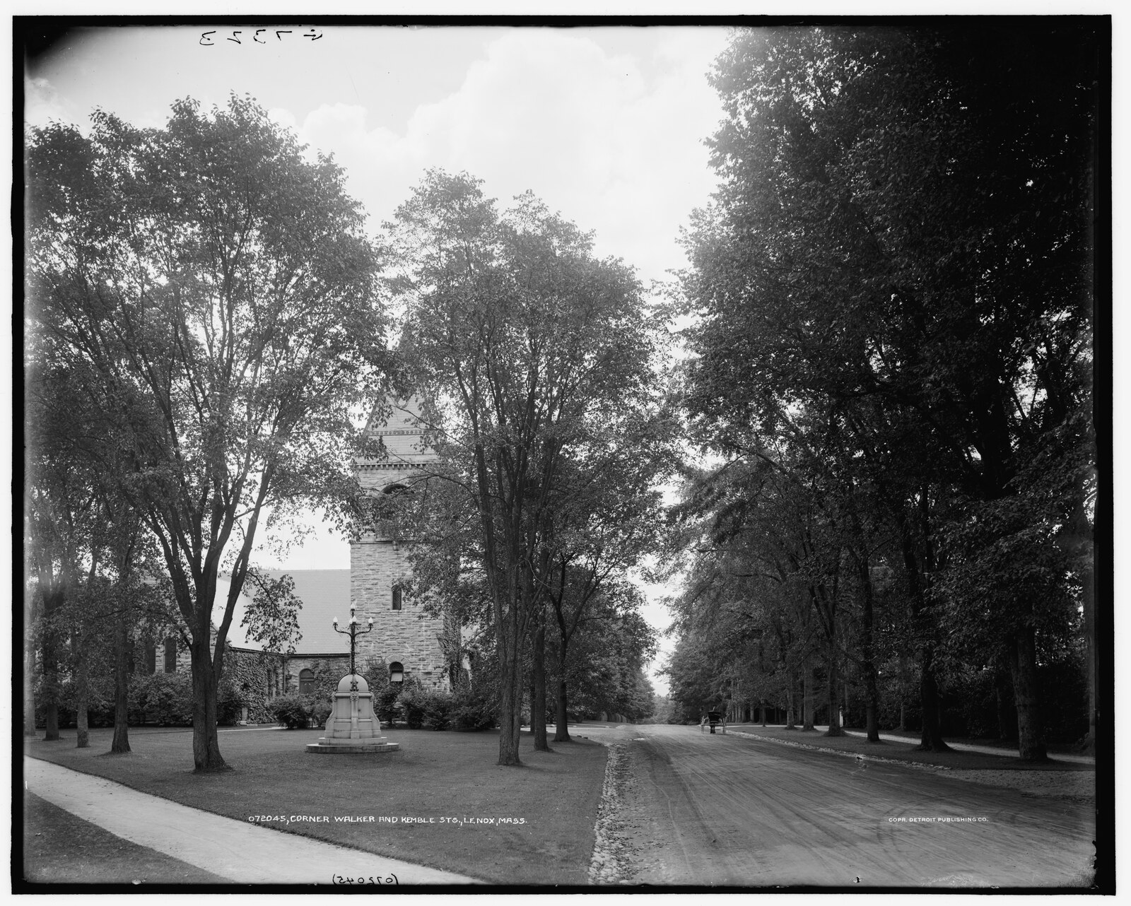 “Corner Walker and Kemble Sts., Lenox, Mass.” Negative 072045, 1905. “Includes Trinity Church at left.”