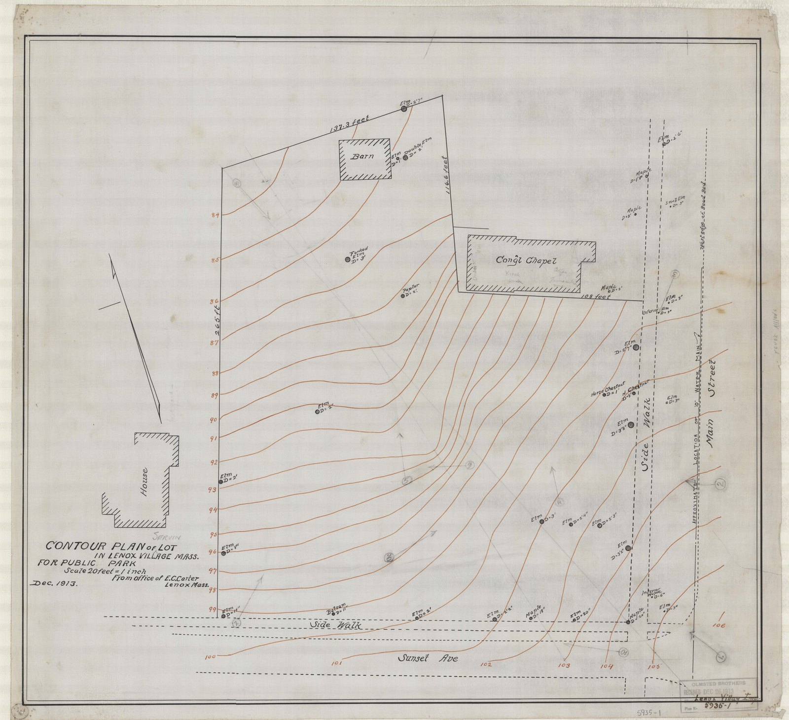 Plan 1, December 1913. “CONTOUR PLAN OF LOT/ FOR PUBLIC PARK/ ; SCALE 1"= 20'.” Sheet 21¼ by 23 inches. Inventory note: “From Office of E.C. Carter, Lenox, Mass. recto/ Rec'd from G.W. Folsom, P/I/ Rec'd OB. 26-Dec-1913, st. recto/”