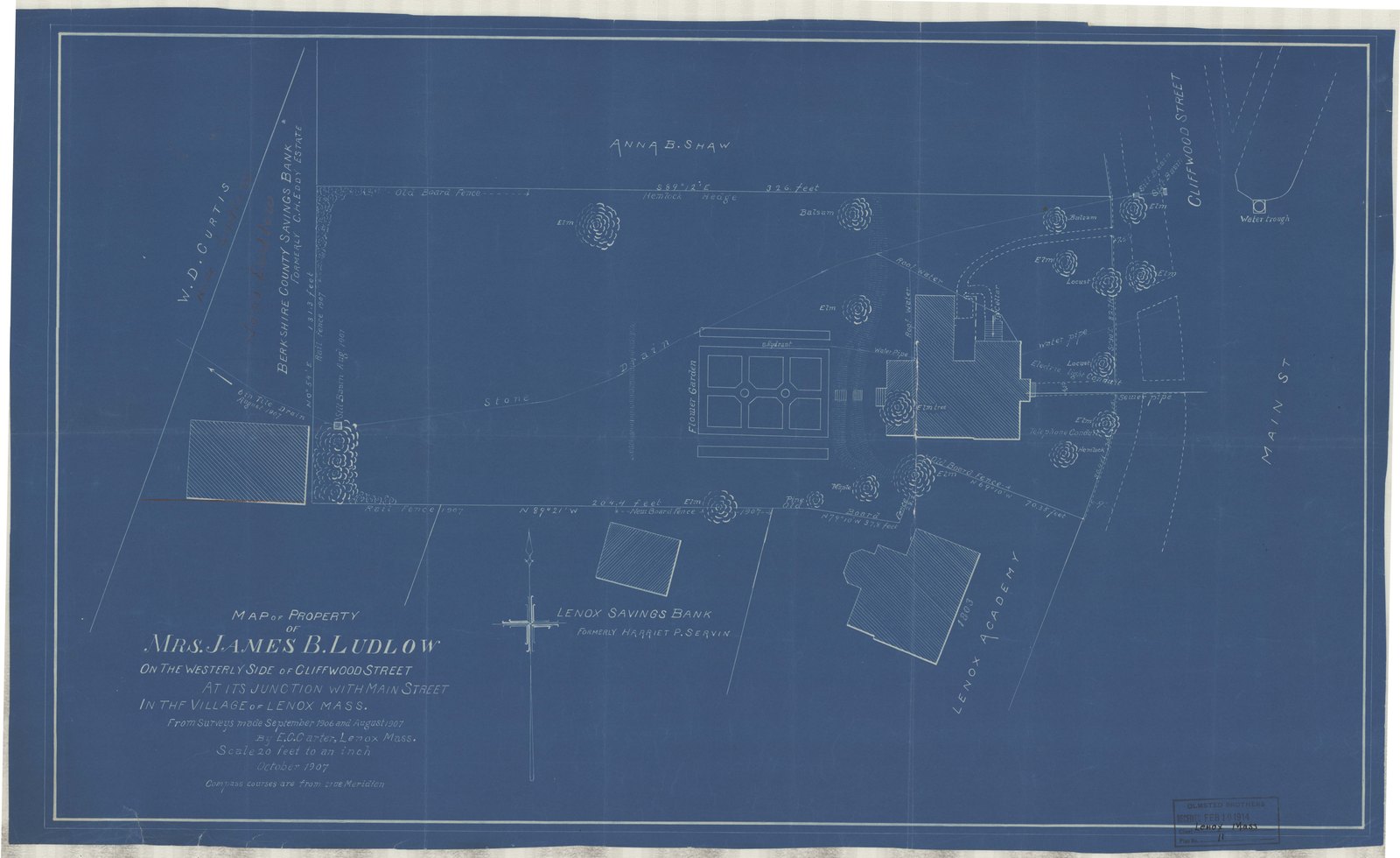 Plan 11, October 1907. “MAP OF PROPERTY OF MRS. JAMES B. LUDLOW/ ON THE WESTERLY SIDE OF CLIFFORD STREET/ AT ITS JUNCTION WITH MAIN STREET/ ; SCALE 1"= 20'.” Sheet 17¼ by 28¼ inches. Inventory note: “Rec'd from E.C. Carter, P/I/ 19-Feb-1914, st. recto/”