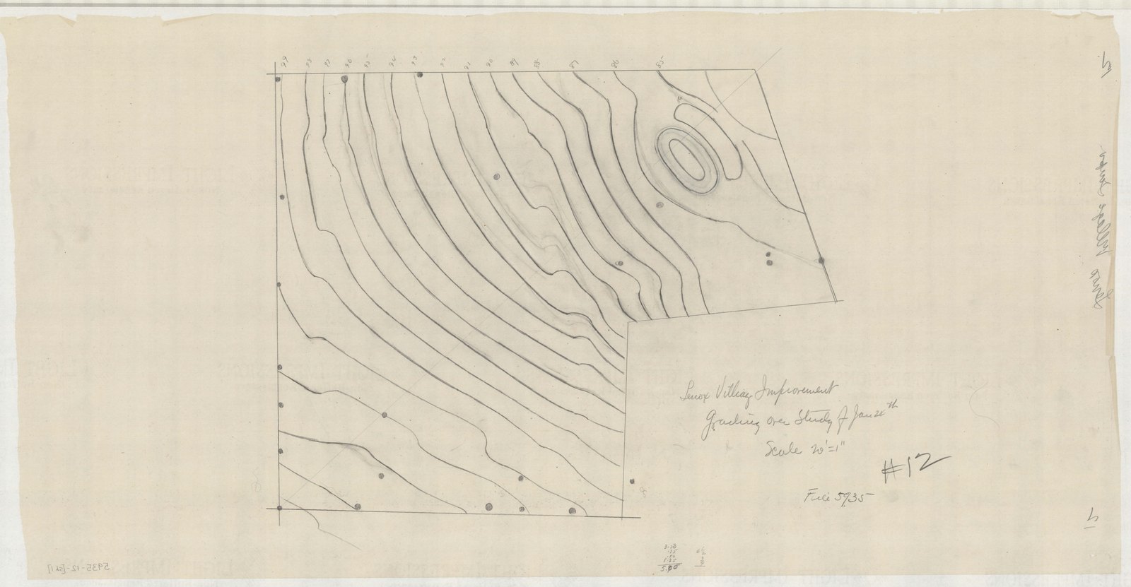 Plan 12, sheet 1, January 1914. “GRADING OVER STUDY OF JAN 24TH/ ; SCALE 1"= 20'.” Sheet 16 by 31 inches. Inventory note: “Studies for Small Park on Main St. P/I/”