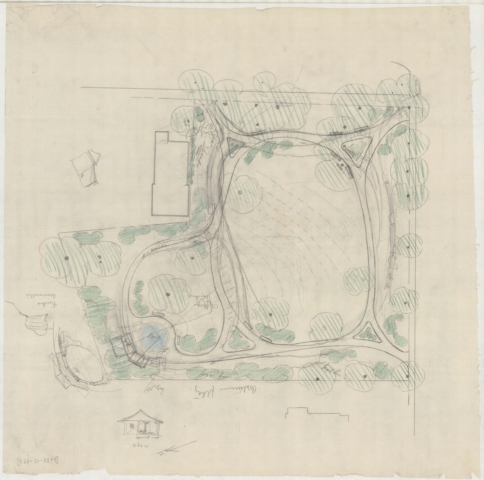 Plan 12, sheet 7, January 1914. “STUDY FOR SMALL PARK ON MAIN ST./ ; SCALE 1"= 20'.” Sheet 21 by 20¾ inches.