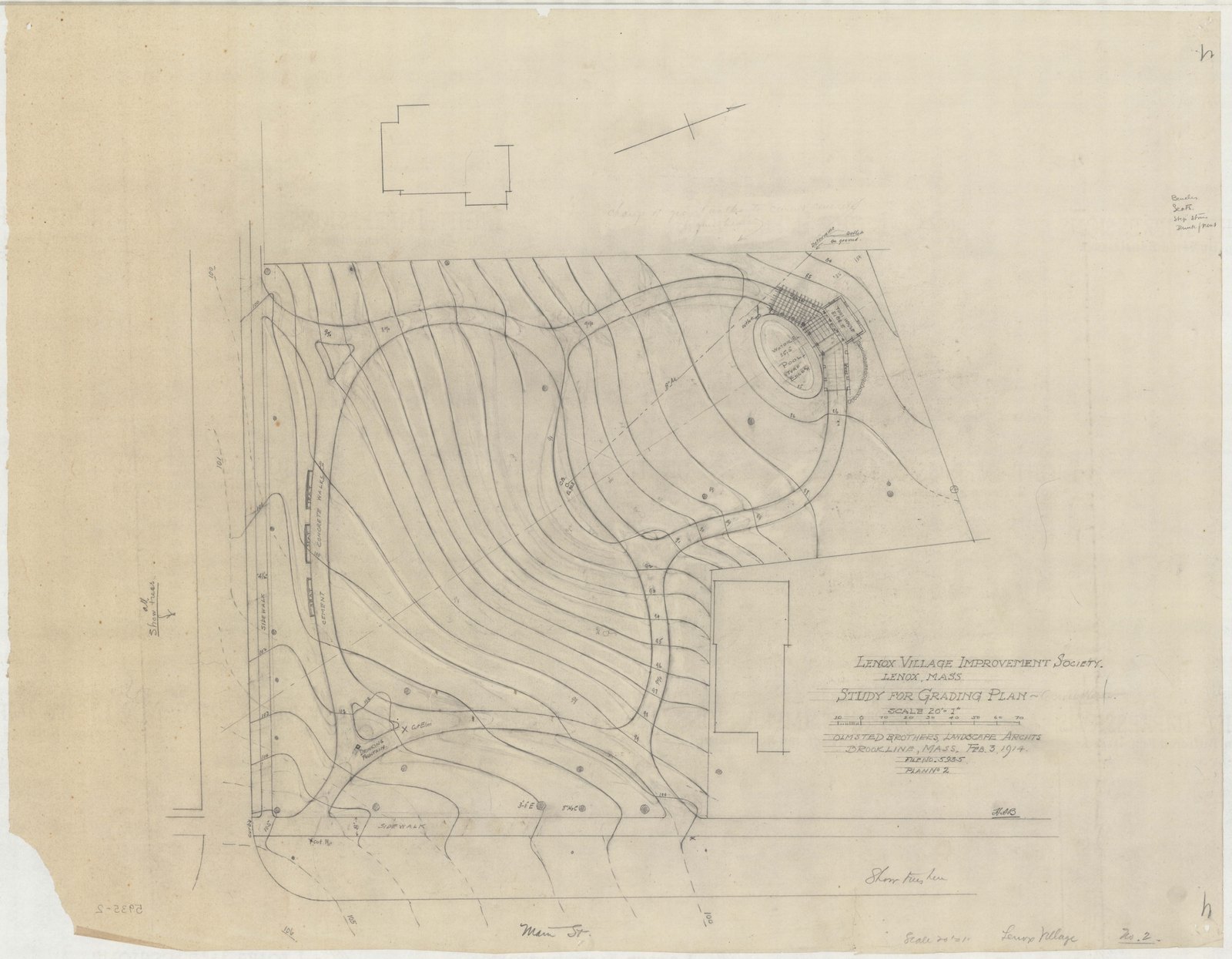 Plan 2, 3 February 1914. “STUDY FOR GRADING PLAN/ ; SCALE 1"= 20'.” Sheet 21 by 27 inches. Inventory note: “OBLA, recto/ For Copy See No. 7 P/I/ ( In Envelope, Lenox 2.)”